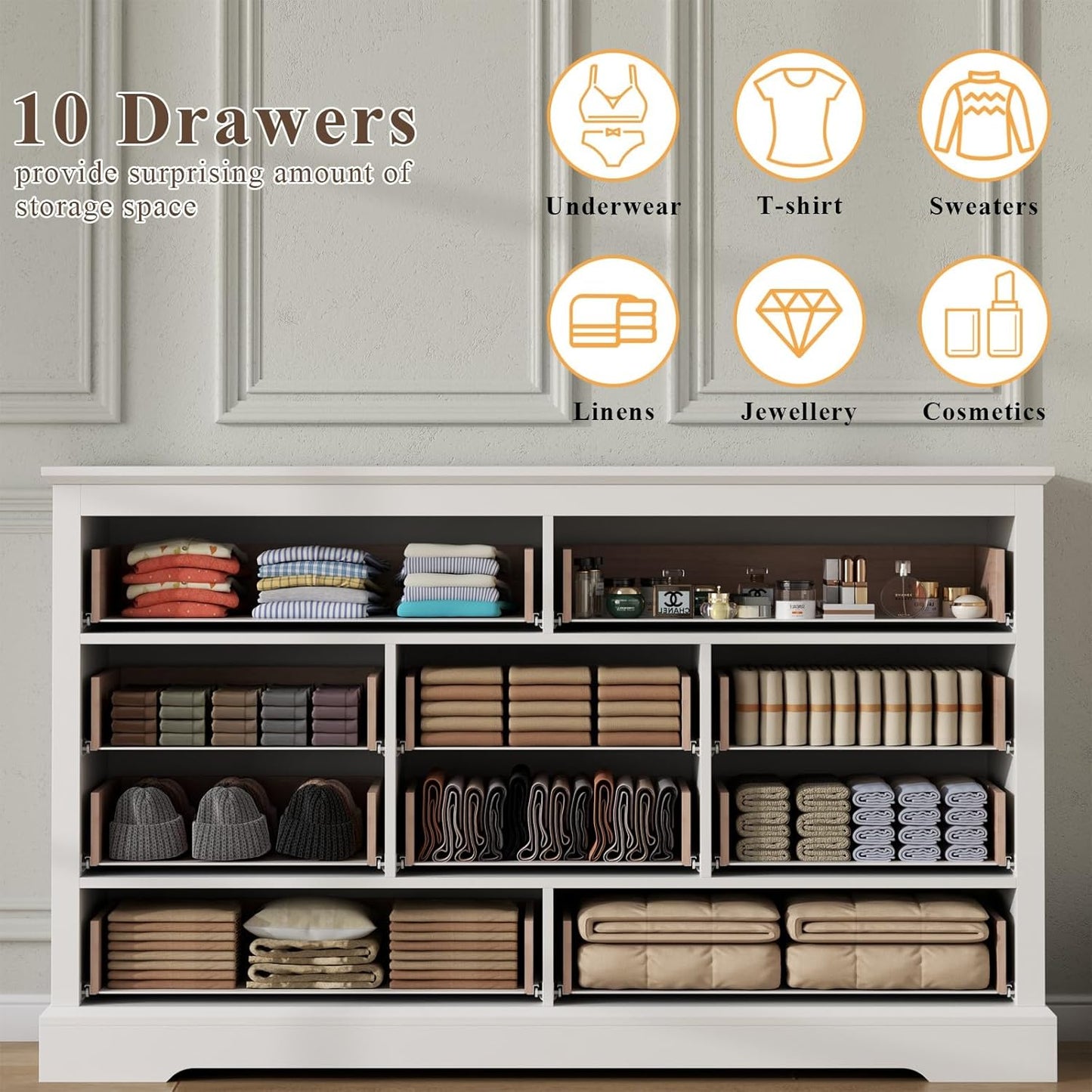 Farmhouse 10 Drawer Dresser, 52 Inch White Chest of Drawer Dresser for Bed Room with Vintage Handle, Storage Dressers Organizer for Bedroom, Living Room and Hallway