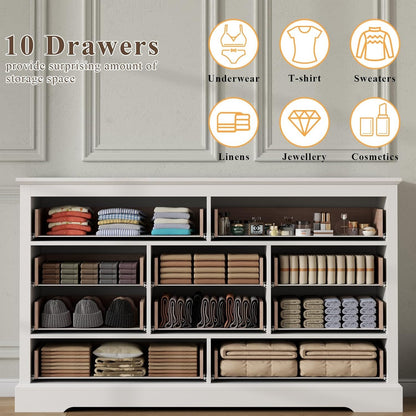 Farmhouse 10 Drawer Dresser, 52 Inch White Chest of Drawer Dresser for Bed Room with Vintage Handle, Storage Dressers Organizer for Bedroom, Living Room and Hallway