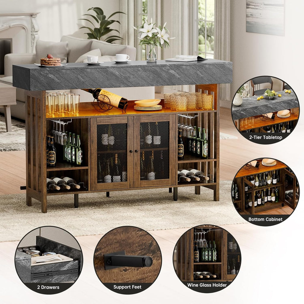 4-Tier Home Bar Unit, 63-Inch Wooden & Dark Gray Marble Bar Cabinet, LED Liquor Bars Station with Footrest, Wine Rack, Cabinet Door and 2 Drawers, Modern Bars Table with Storage for Home, Pub (Brown)