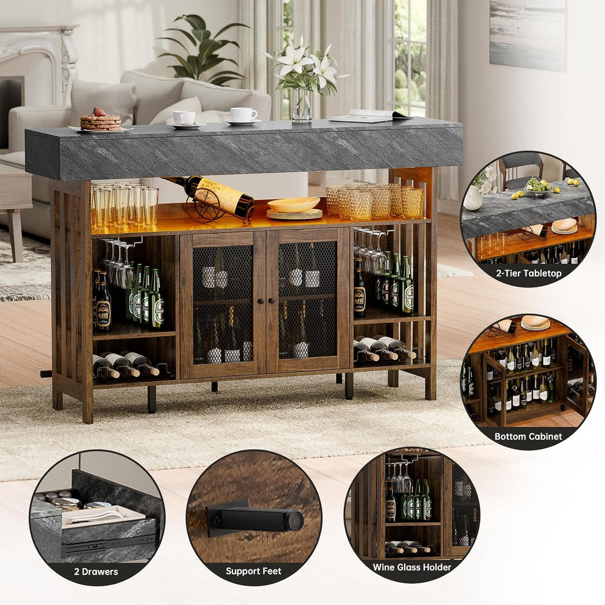 4-Tier Home Bar Unit, 63-Inch Wooden & Dark Gray Marble Bar Cabinet, LED Liquor Bars Station with Footrest, Wine Rack, Cabinet Door and 2 Drawers, Modern Bars Table with Storage for Home, Pub (Brown)