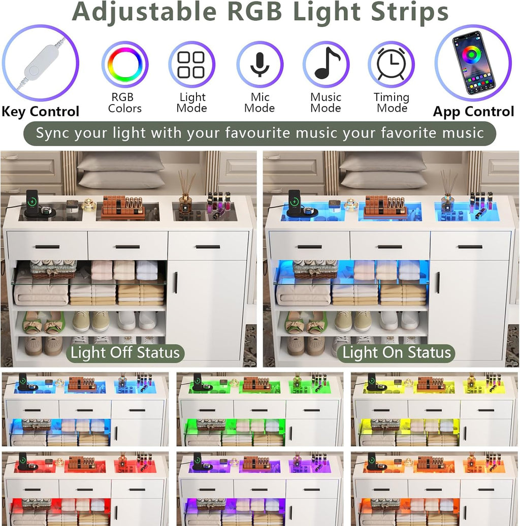 Wardrobe Armoire Closet with Charging & LED Light,Walk-in Closet Island Dresser with Glass Showcase,3 Drawers & Doors, Modern Storage Display Cabinet with Bench for Bedroom,Fitting Room & Shops（White）