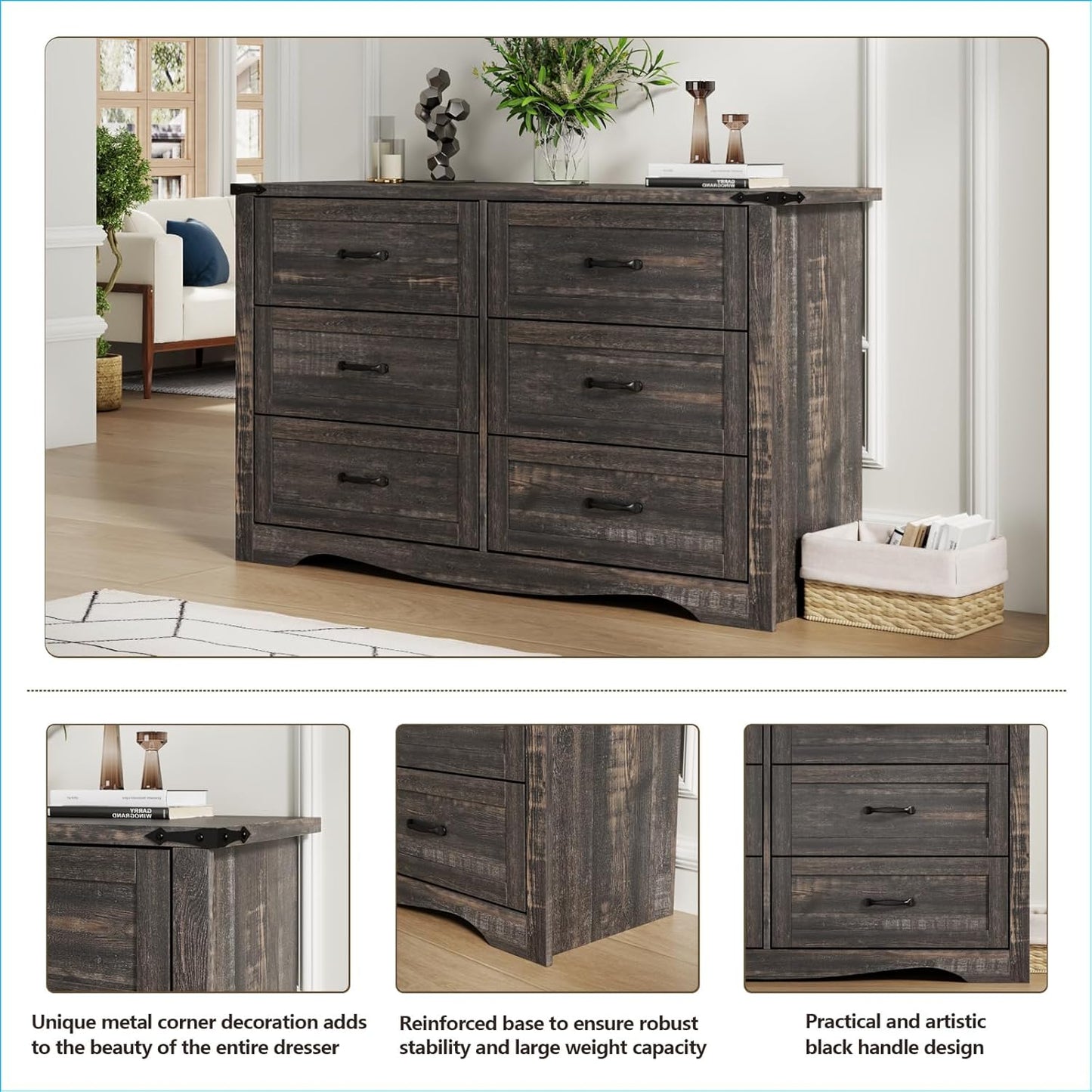 Farmhouse Dresser for Bedroom, Chest of Drawers with Natural Texture, Accent Storage Cabinet for Closet,Living Room (Dark Rustic Oak, 15.7" D x 46.4" W x 30.8" H(6 Drawers))