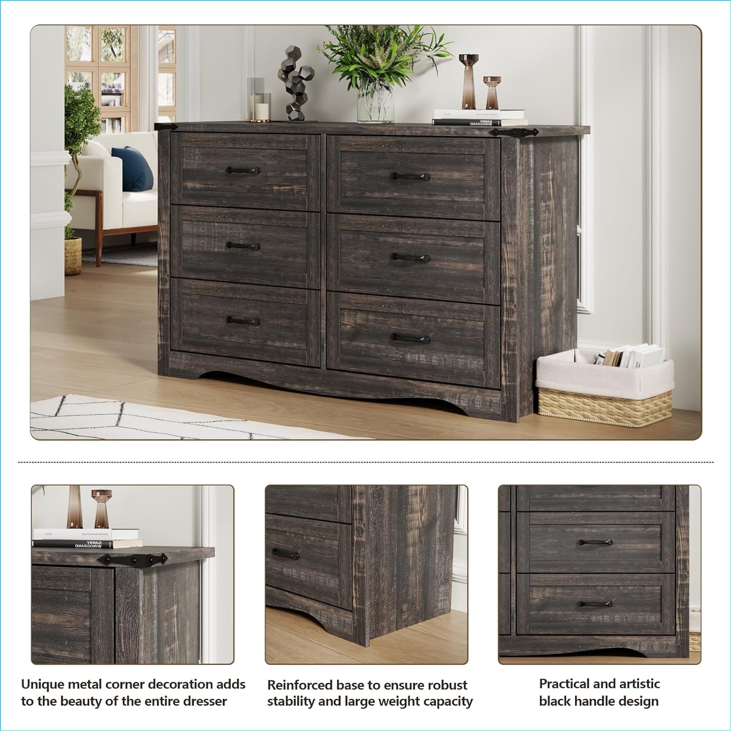 Farmhouse Dresser for Bedroom, Chest of Drawers with Natural Texture, Accent Storage Cabinet for Closet,Living Room (Dark Rustic Oak, 15.7" D x 46.4" W x 30.8" H(6 Drawers))