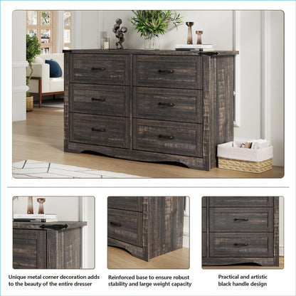 Farmhouse Dresser for Bedroom, Chest of Drawers with Natural Texture, Accent Storage Cabinet for Closet,Living Room (Dark Rustic Oak, 15.7" D x 46.4" W x 30.8" H(6 Drawers))
