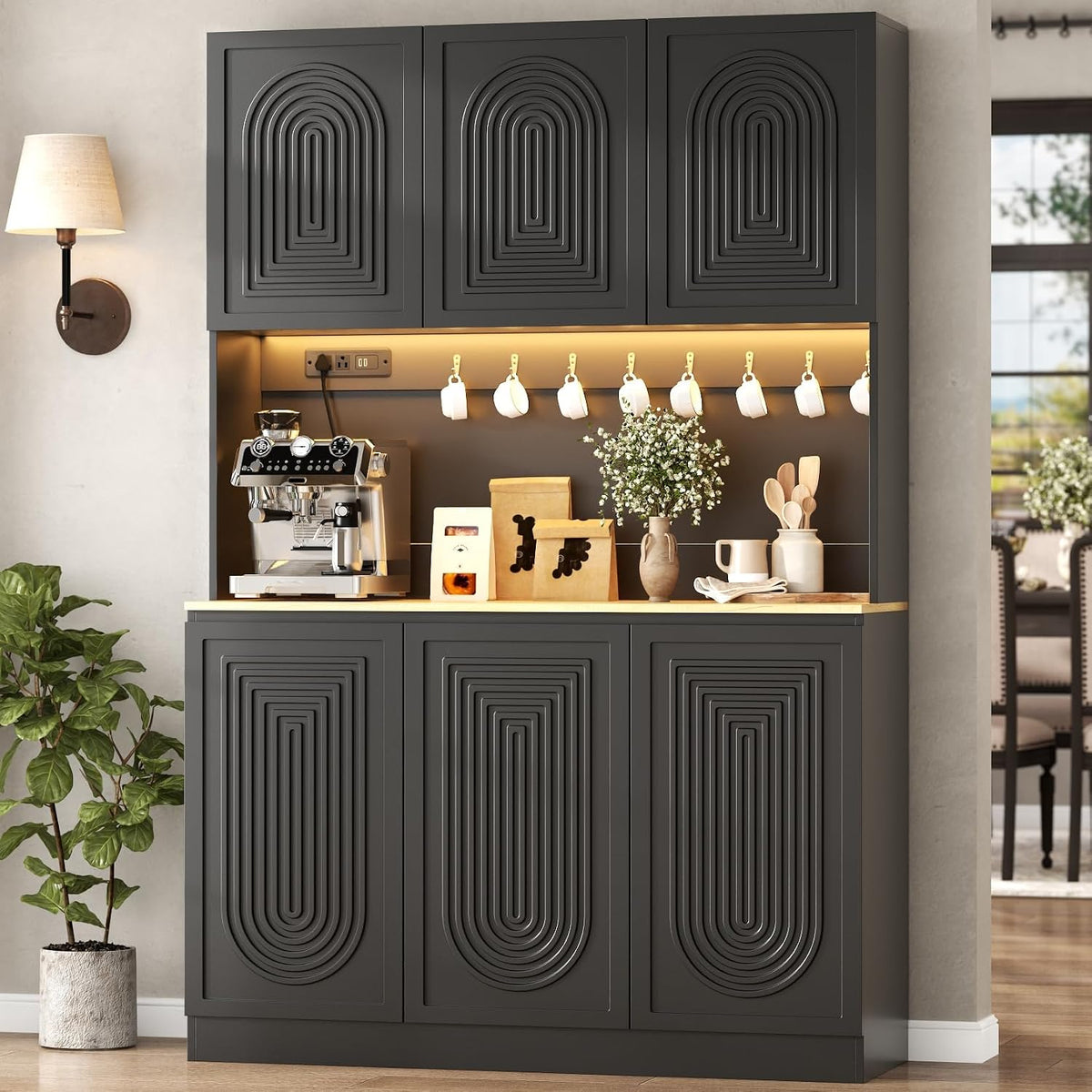 71" Black Kitchen Pantry with Power Outlet, Kitchen Hutch with LED Light