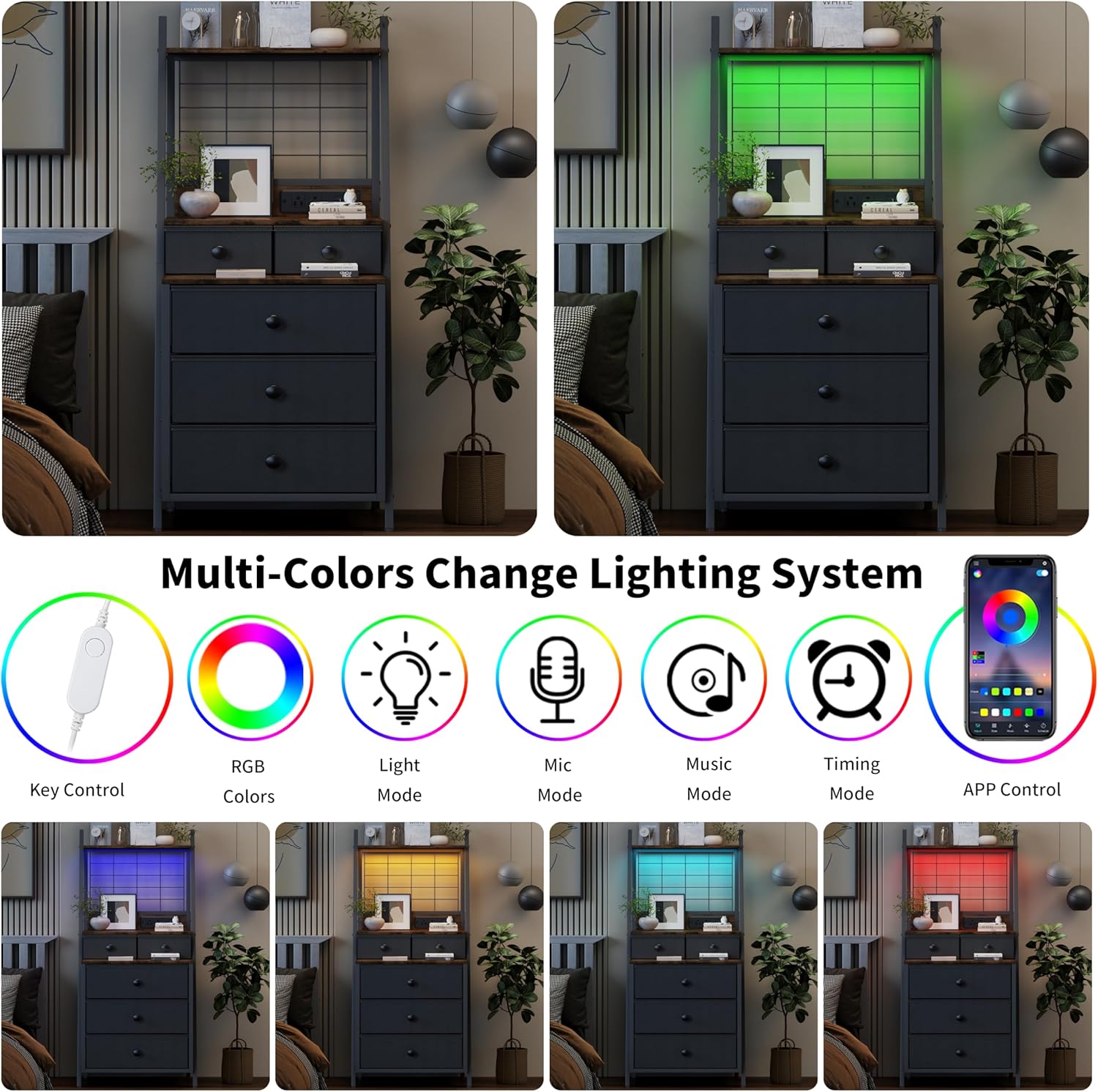 Tall Night Stand with 5 Drawers, White Nightstand with Charging Station LED Night Stand with 3-Tier Storage Shelf for Bedroom Living Room & Dorm (1, Black)