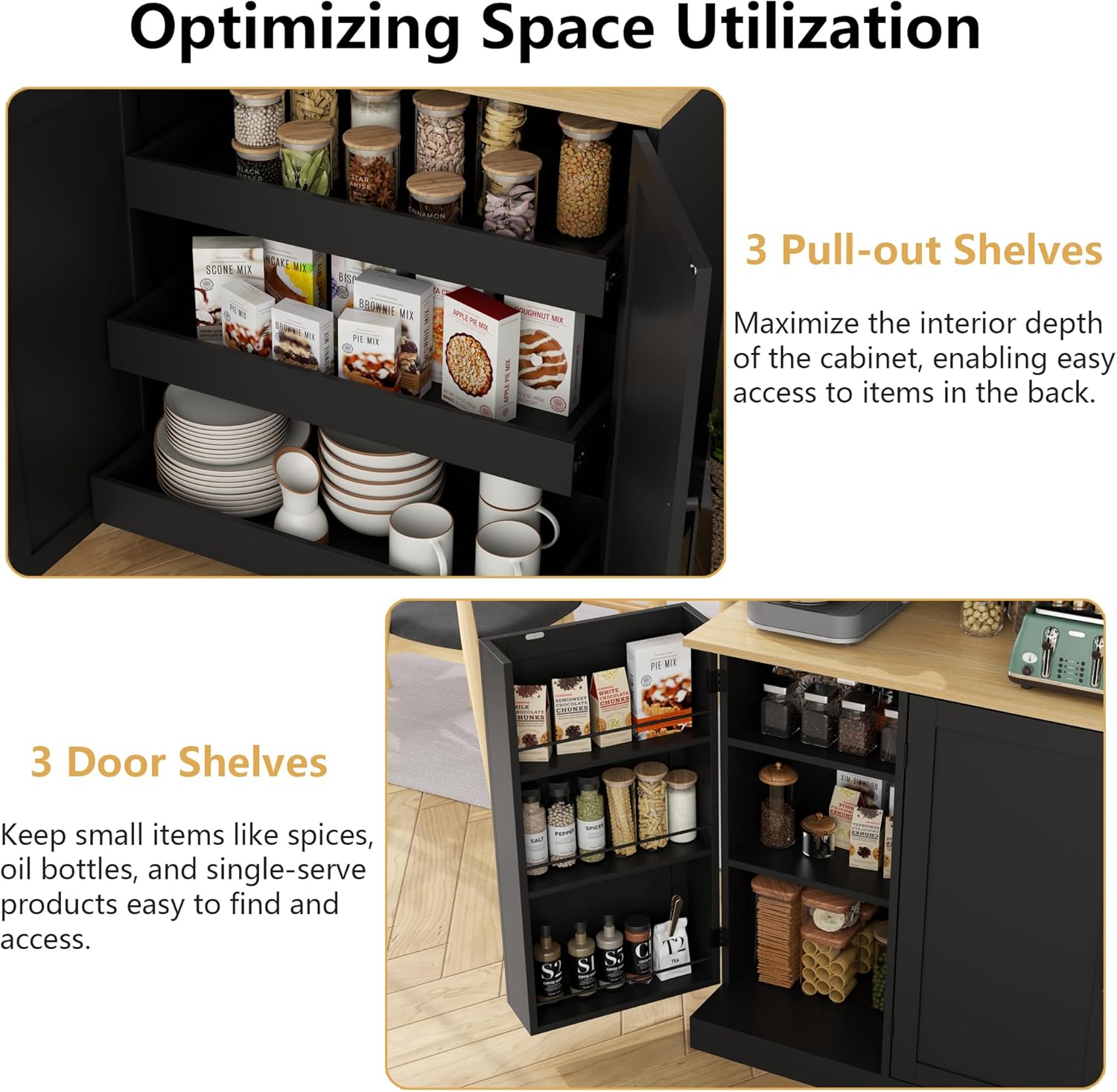 71" Tall kitchen Pantry Storage Cabinet, Modern Kitchen Hutch with 3 Pull-out Drawers, Kitchen Pantries with Microwave Stand & Door Shelf, Food Pantry with Adjustable Shelves for Dining Room (Black)