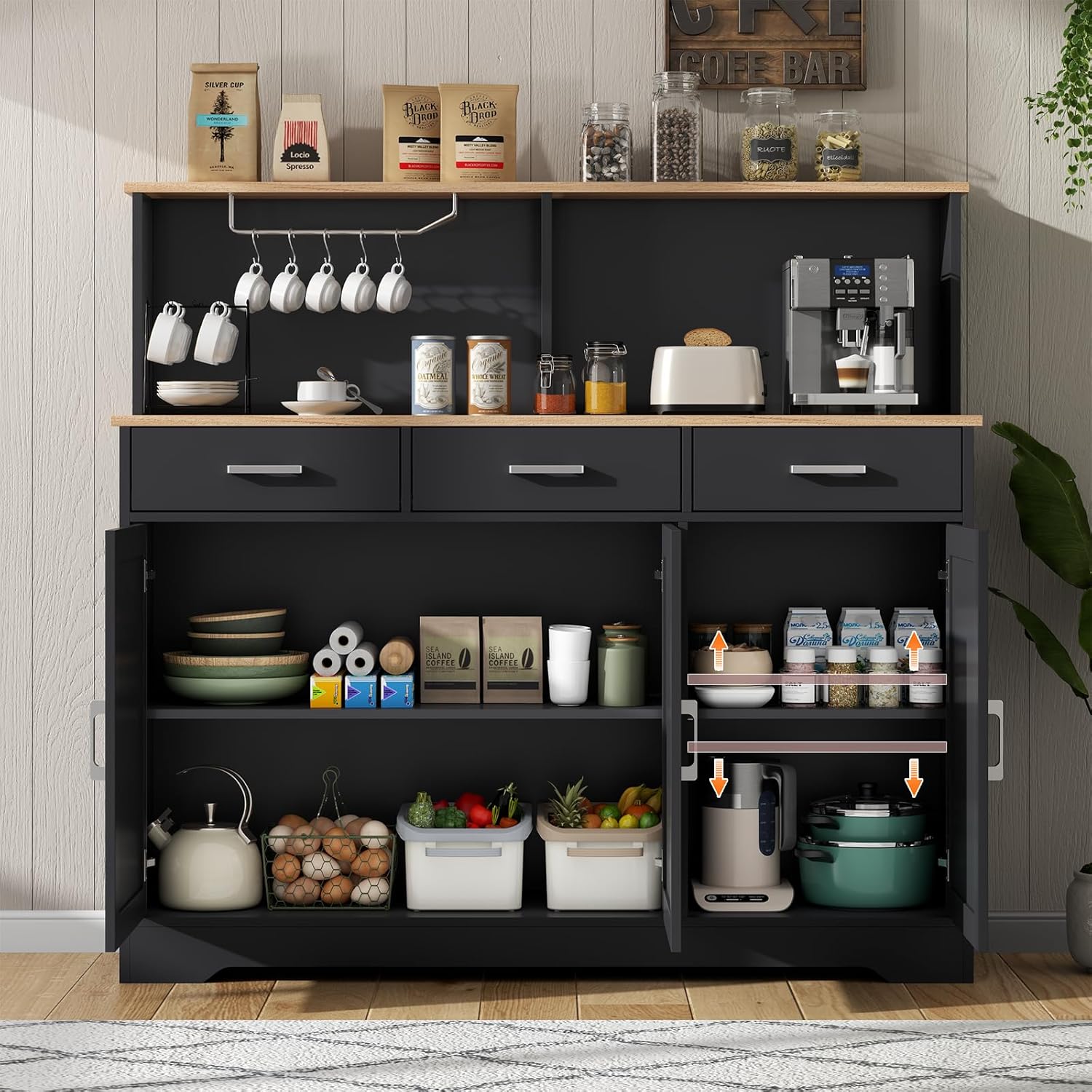 Buffet Cabinets with 3 Drawers, Farmhouse Sideboard Storage Cabinet with Goblet Holder, Large Coffee Bar with 3 Doors, Wood Buffet Table with Adjustable Shelf for Kitchen, Dining Room