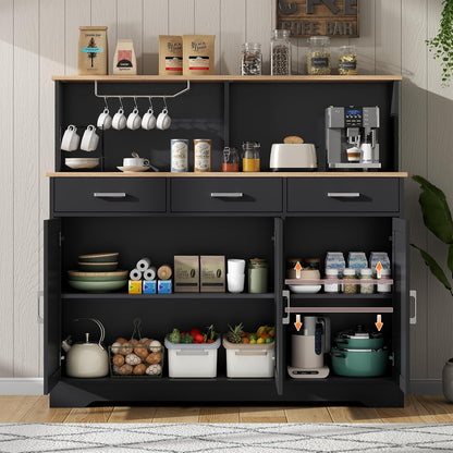 Buffet Cabinets with 3 Drawers, Farmhouse Sideboard Storage Cabinet with Goblet Holder, Large Coffee Bar with 3 Doors, Wood Buffet Table with Adjustable Shelf for Kitchen, Dining Room