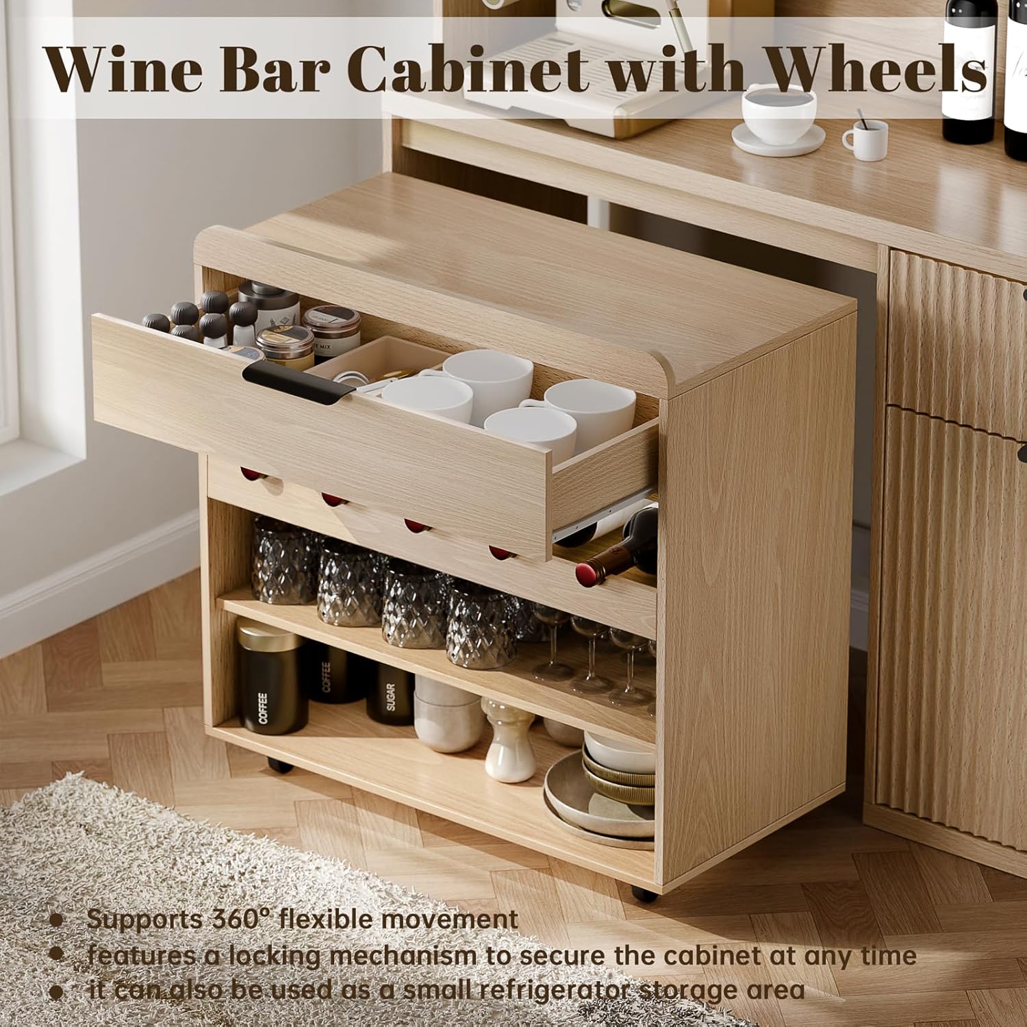 71" Tall Pantry Cabinet with Wine Cabinet Cart, Kitchen Storage Cabinets with LED Light & Charging Station, Kitchen Hutch with Microwave Stand, Freestanding Food Pantry with for Dining Room, Natural