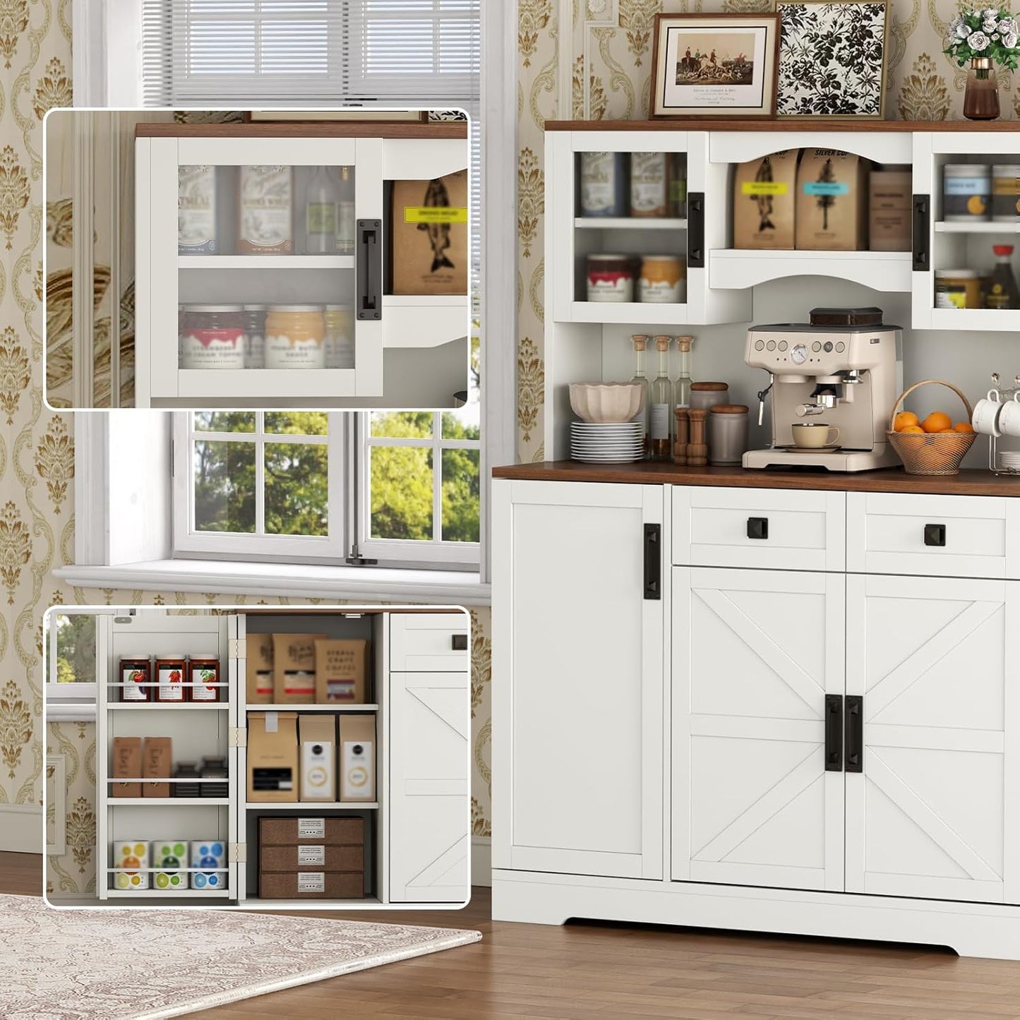 60" Tall Farmhouse Kitchen Pantry Storage Cabinet,Kitchen Hutch with Microwave Stand,Freestanding Buffet Pantry Cabinet with Glass Door and Adjustable Shelves for Dining Room (White)