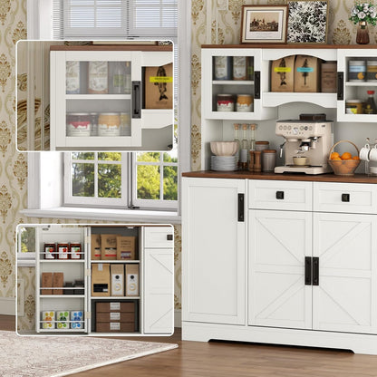 60" Tall Farmhouse Kitchen Pantry Storage Cabinet,Kitchen Hutch with Microwave Stand,Freestanding Buffet Pantry Cabinet with Glass Door and Adjustable Shelves for Dining Room (White)