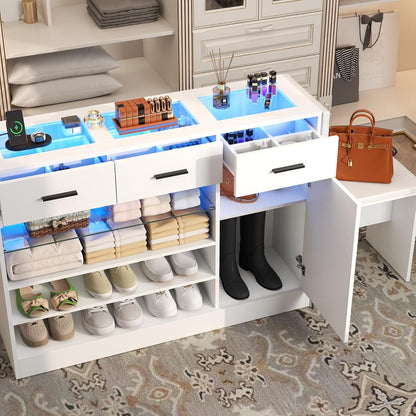 Wardrobe Armoire Closet with Charging & LED Light,Walk-in Closet Island Dresser with Glass Showcase,3 Drawers & Doors, Modern Storage Display Cabinet with Bench for Bedroom,Fitting Room & Shops（White）