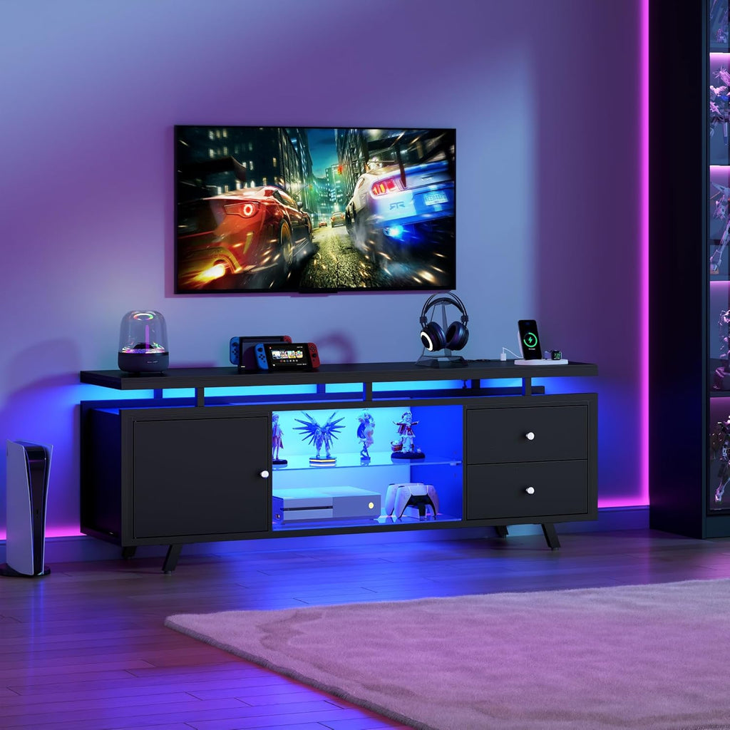 TV Stand for 65 Inch TV, LED Light Entertainment Center with Power Outlet and Storage Drawers & Cabinets, Modern Wood Media TV Console with Glass Shelves for Living Room Bedroom (Black)