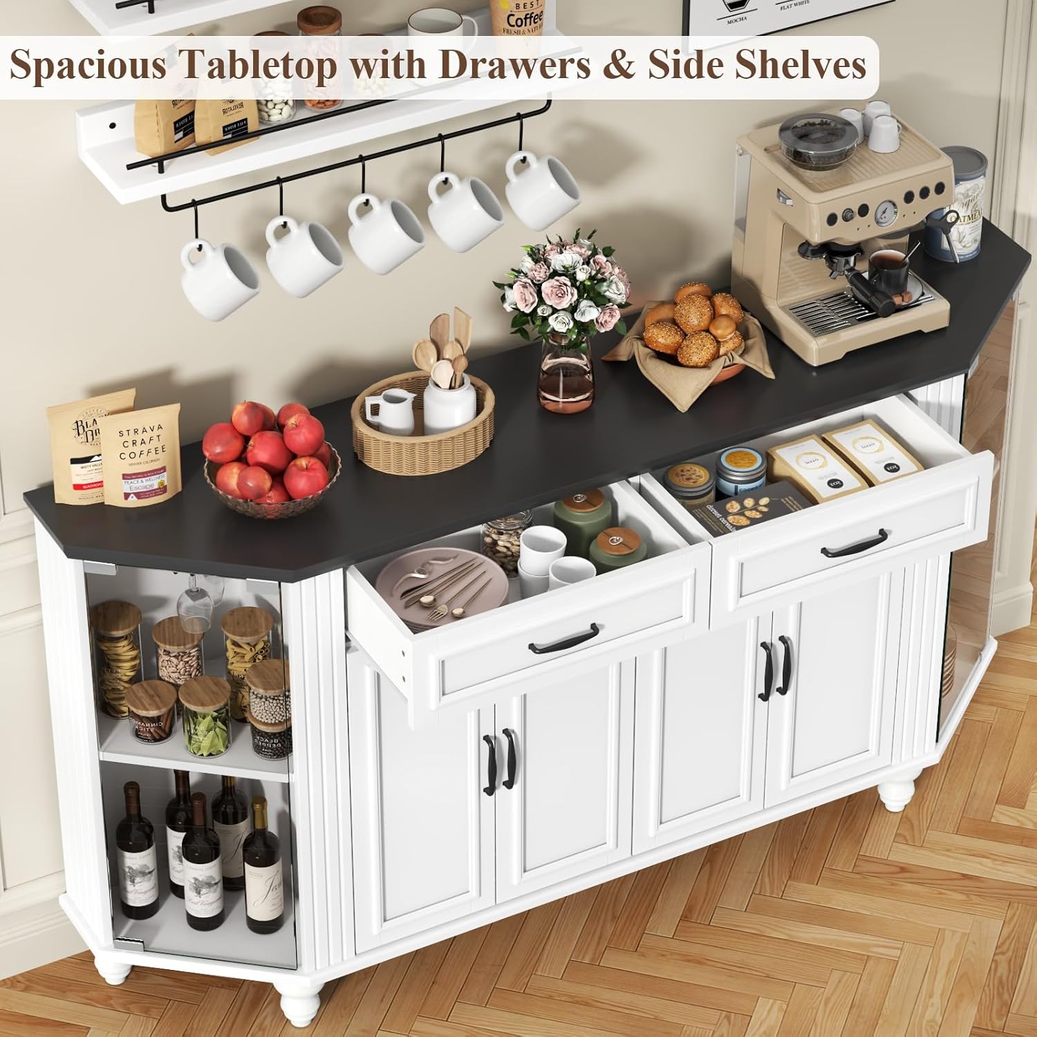 Buffet Cabinet with Storage, Farmhouse Kitchen Sideboard Cabinet with Solid Wood Legs Coffee Bar Storage with Glass Door Side Shelves for Kitchen, Dining Room, Entryway