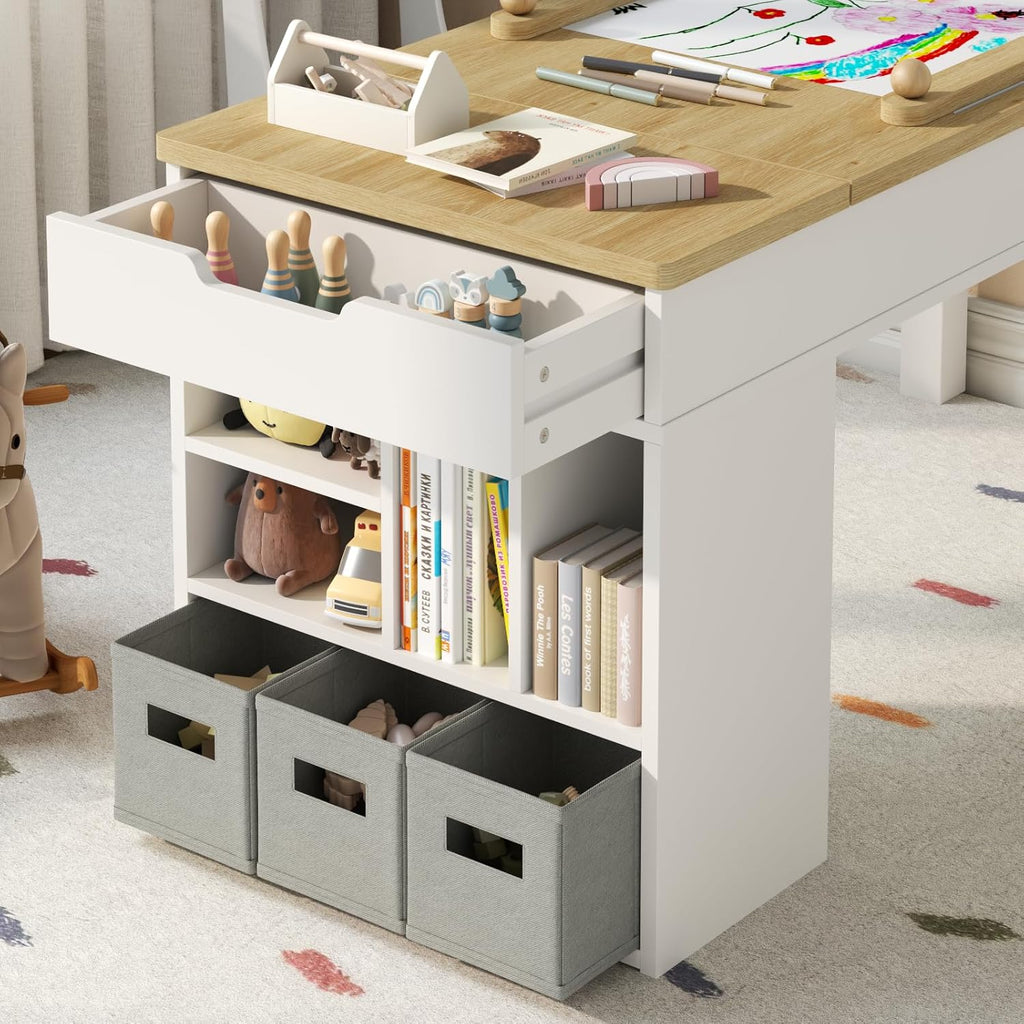 Kids Art Table and 2 Chairs Set,3 in 1 Wooden Craft Desk with 2 Drawers,3 Fabric Drawers,Storage Shelf,Paper Roll,Learning and Reading, Activity Play Desk for Home