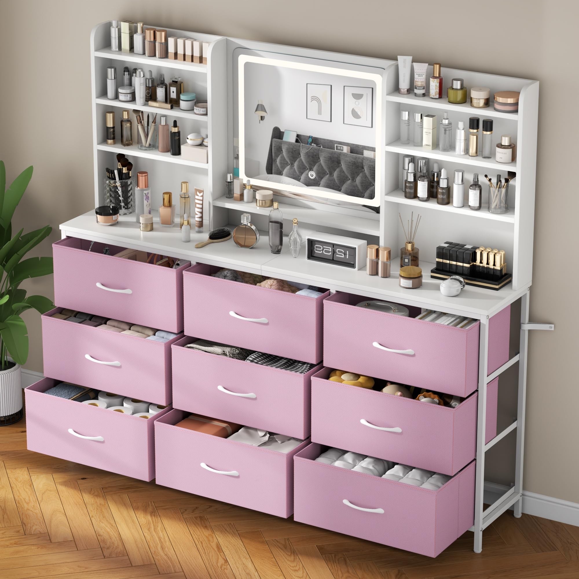 Dresser with Mirror for Bedroom, 59" W Chest of Drawers with LED Mirror, White Dresser with 9 Large Fabric Drawers, Modern Makeup Table Vanity Desk with 6 Storage Shelves, 3 Lighting Modes