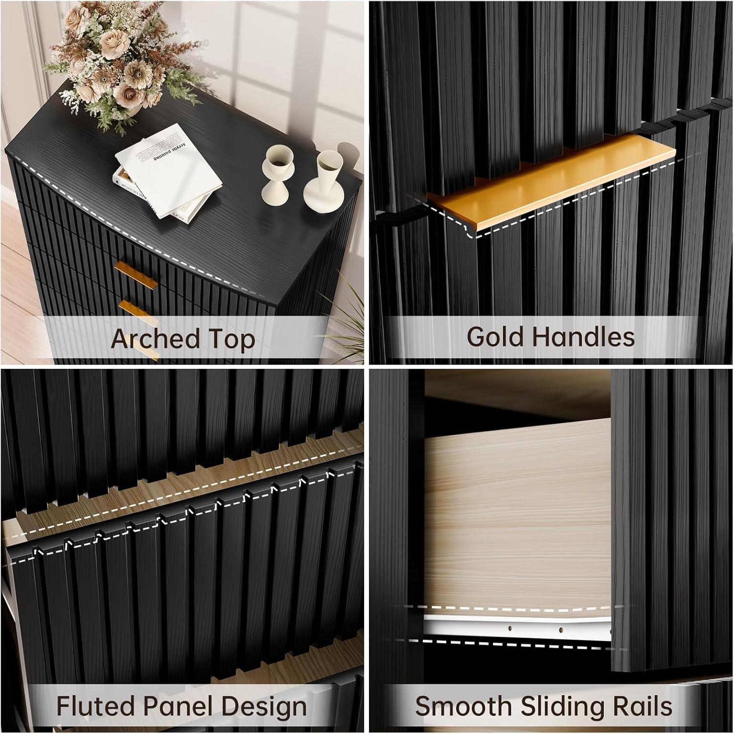 Tall Black Dresser with 6 Drawers, Fluted Chest of Drawers with Curved Tabletop, Black and Gold Vertical Dresser with Metal Handle, Modern Storage Wooden Dressers for Bedroom, Living Room (Black)