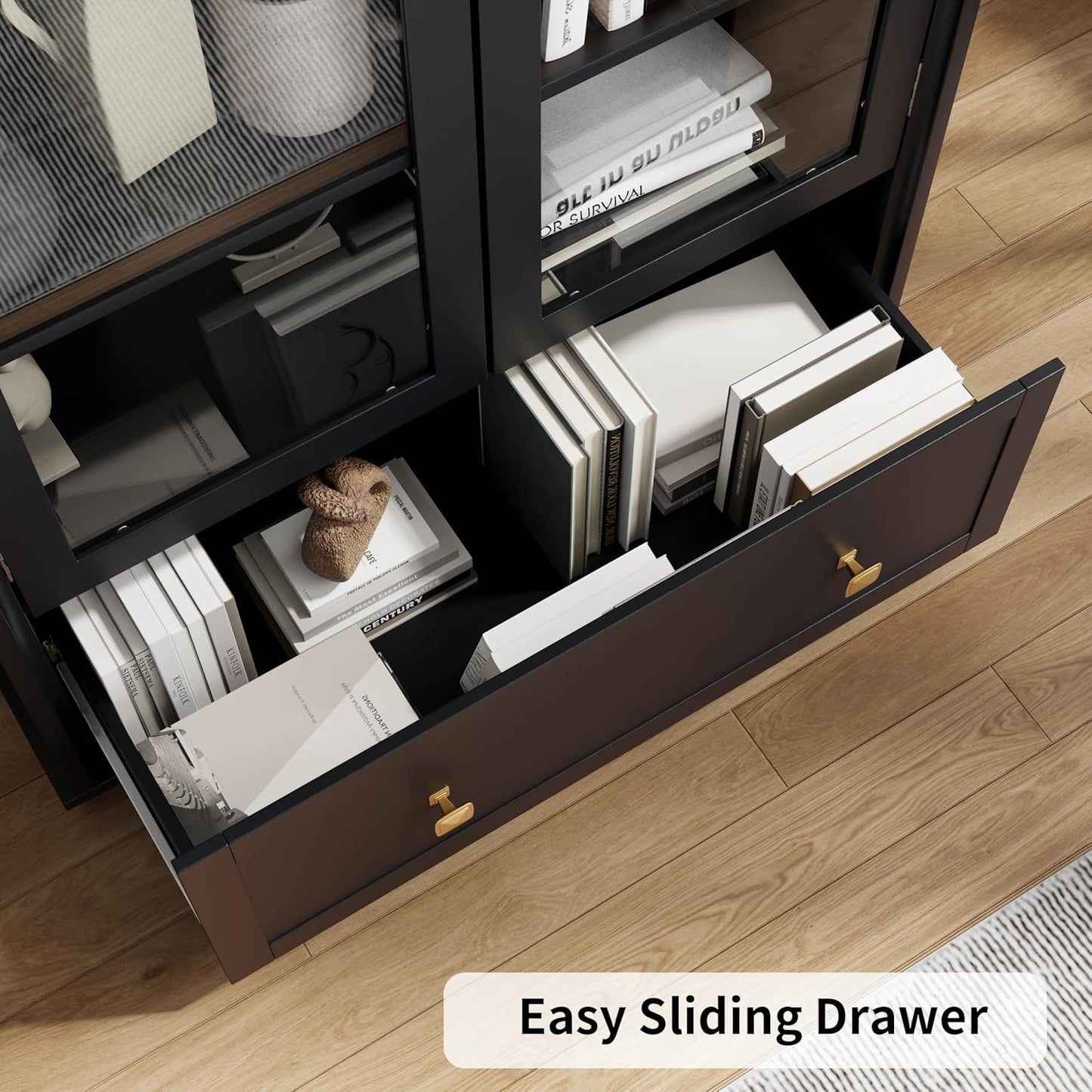 71" Tall Arched Cabinets, Bookcase with Storage, Mid-Century Modern 4-Tier Bookshelf with Glass Door, Display Cabinet with Large Drawer & Adjustable Shelf, Curved Pantry Cabinet, Black (Black)