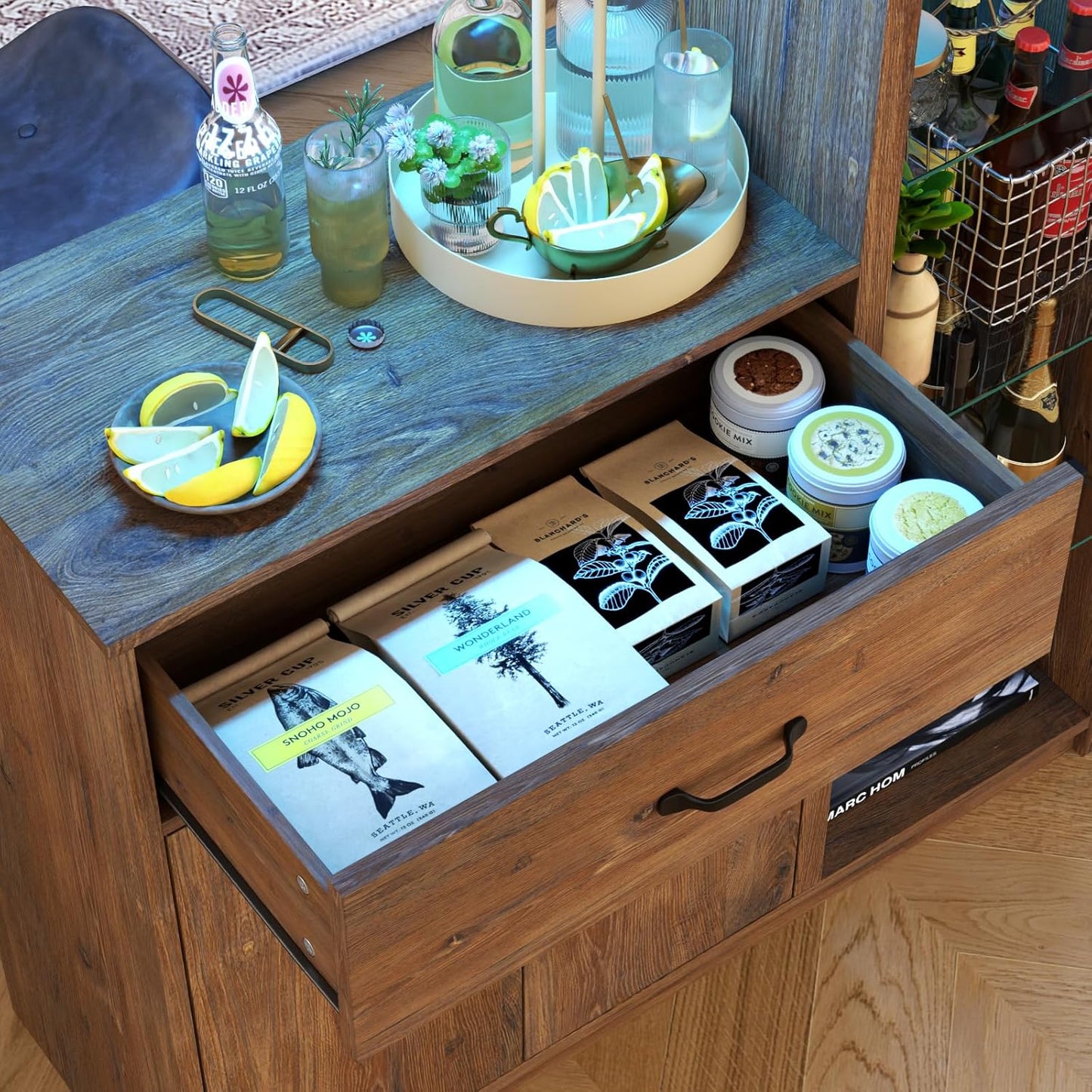 Bar Cabinet with LED Light,Wine Cabinet with Wine Glass Holder,Liquor Cabinet with Glass Display Cabinet,Coffee Bar with Storage and 2 Drawers,Bar Island for Home Dining Room (Vintage Brown)