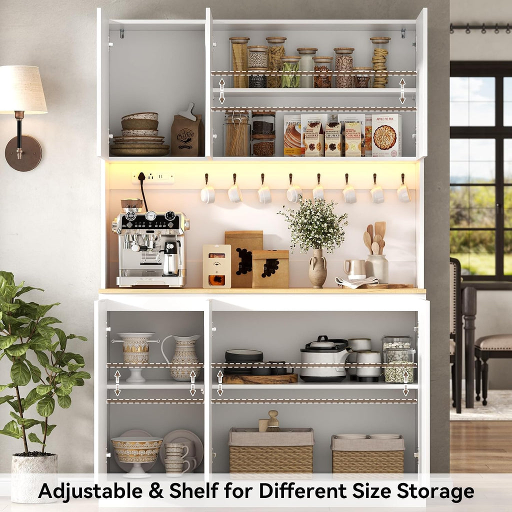 Gyfimoie 71" Kitchen Pantry with Power Outlet & LED Light, Large Kitchen Hutch Cabinet with Adjustable Shelf, Modern Buffet Cabinet with 6 Doors, Food Pantry Storage for Dining Room (White-6 Doors)