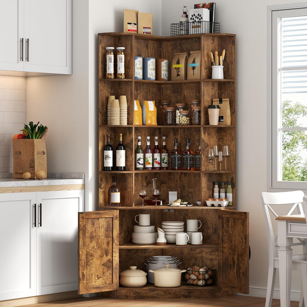 Corner Bookshelf with Doors, 6 Tier Corner Bookcase with Storage Cabinet