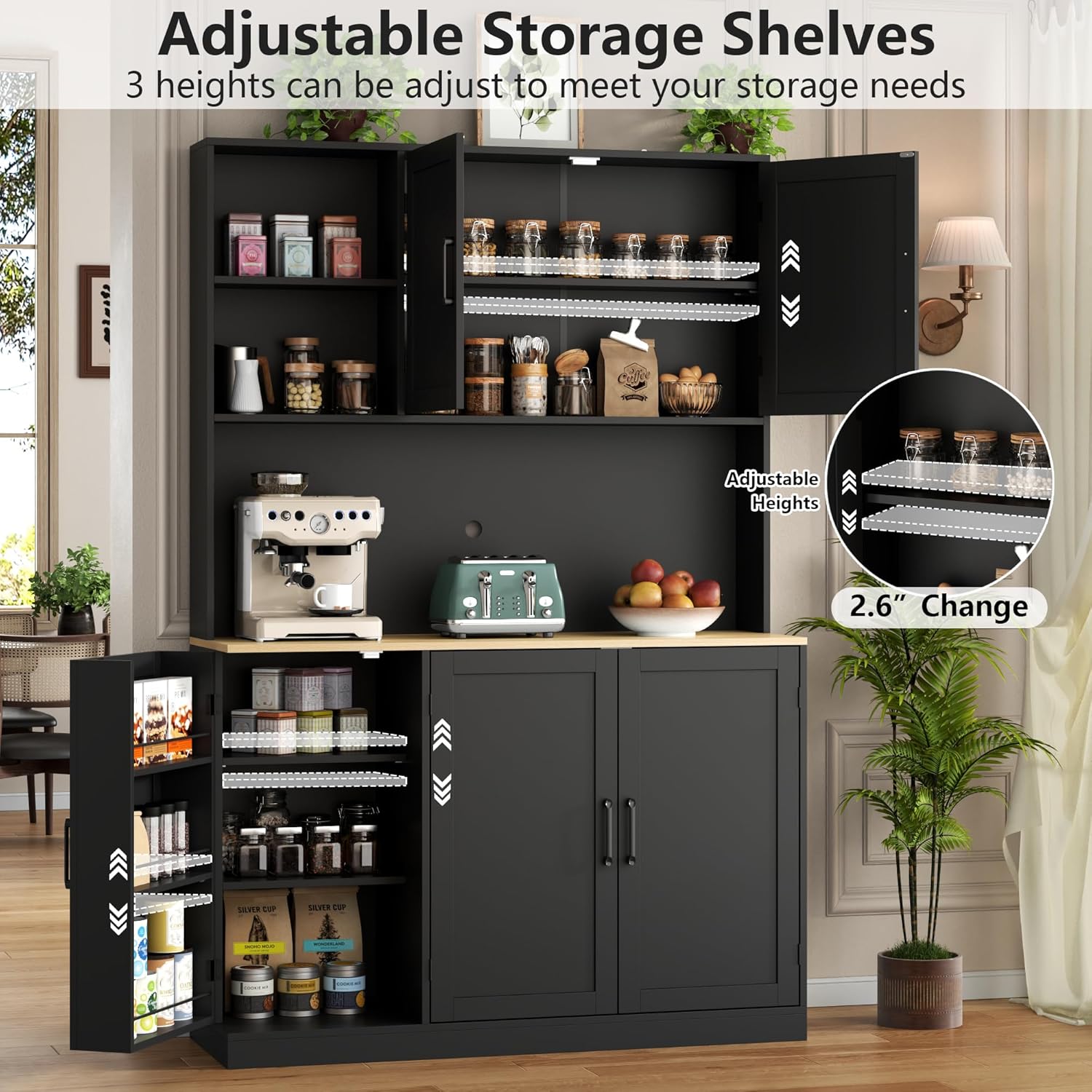 71" Tall kitchen Pantry Storage Cabinet, Modern Kitchen Hutch with 3 Pull-out Drawers, Kitchen Pantries with Microwave Stand & Door Shelf, Food Pantry with Adjustable Shelves for Dining Room (Black)