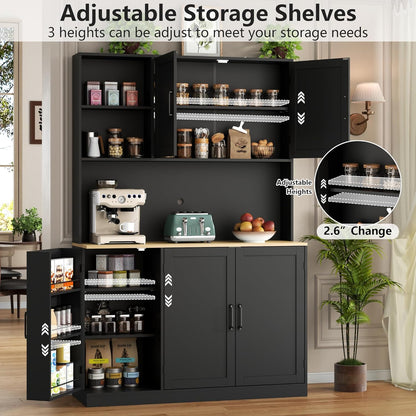 71" Tall kitchen Pantry Storage Cabinet, Modern Kitchen Hutch with 3 Pull-out Drawers, Kitchen Pantries with Microwave Stand & Door Shelf, Food Pantry with Adjustable Shelves for Dining Room (Black)