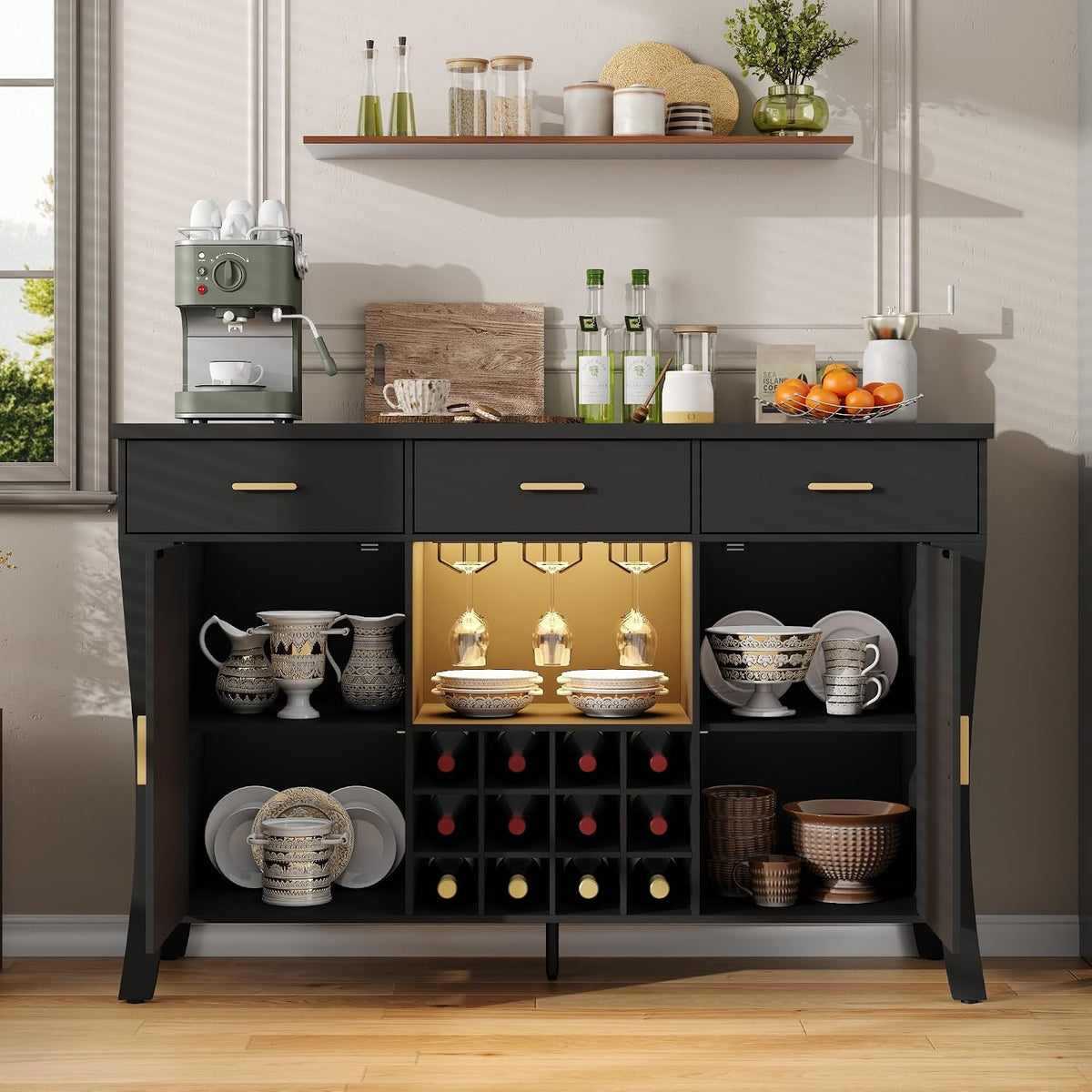 Black Wine Bar Cabinet with LED & Glass Rack, Farmhouse Liquor Cabinet