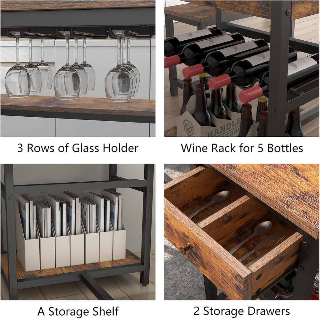 Dining Table Set for 4-6 People, 54.7" Kitchen Dinner Table with 2 Bench, Dining Room Tables Set with Storage Drawer & Shelf, 3-Piece Breakfast Nook Tables with Wine Rack &Glass Holder (Rustic)