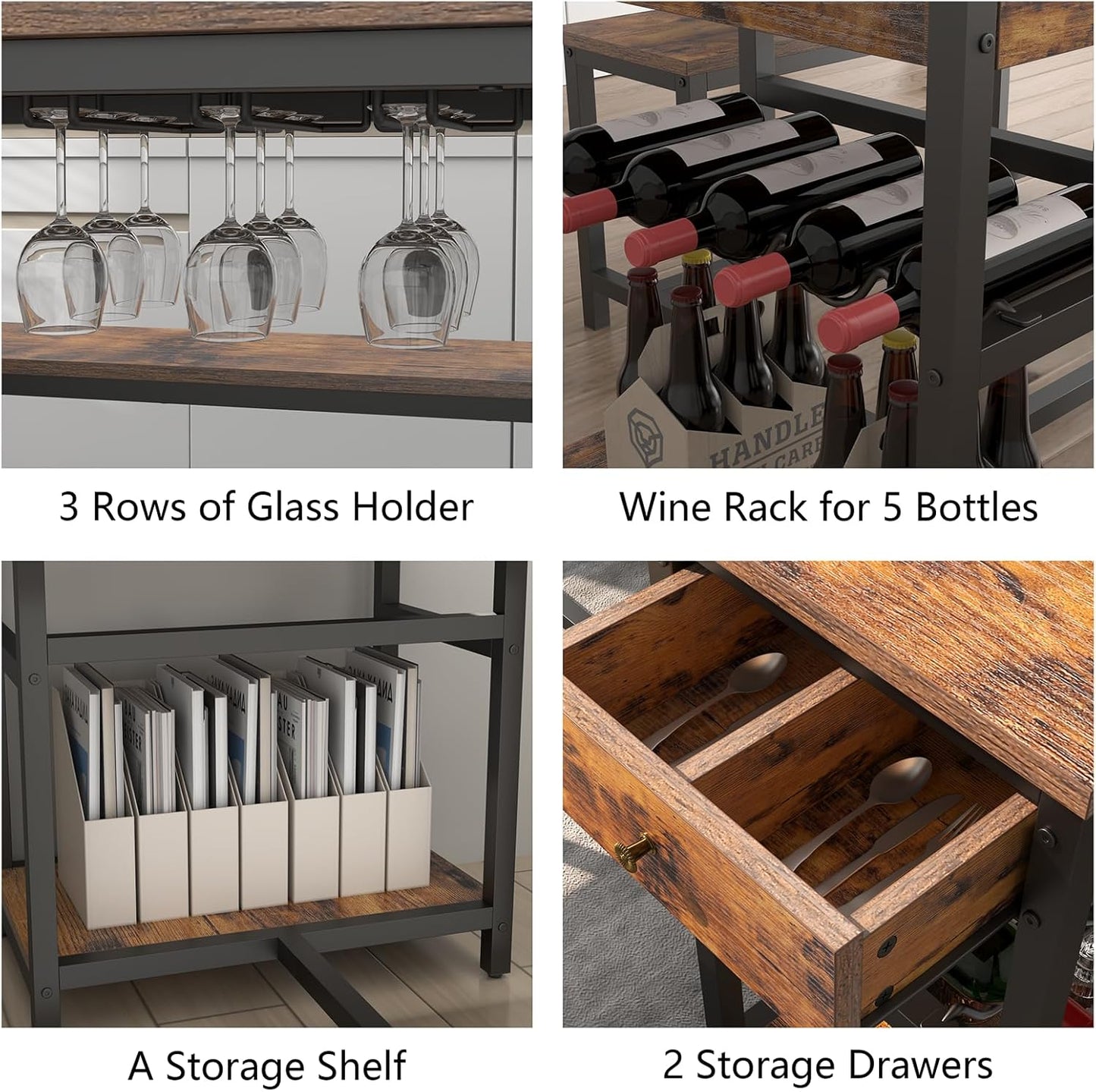 Dining Table Set for 4-6 People, 54.7" Kitchen Dinner Table with 2 Bench, Dining Room Tables Set with Storage Drawer & Shelf, 3-Piece Breakfast Nook Tables with Wine Rack &Glass Holder (Rustic)