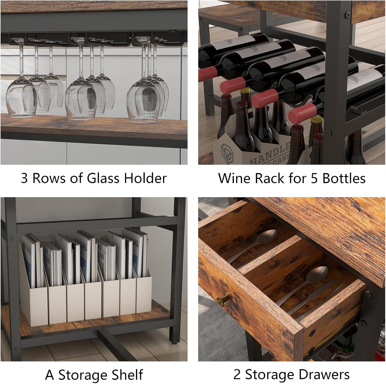 Dining Table Set for 4-6 People, 54.7" Kitchen Dinner Table with 2 Bench, Dining Room Tables Set with Storage Drawer & Shelf, 3-Piece Breakfast Nook Tables with Wine Rack &Glass Holder (Rustic)