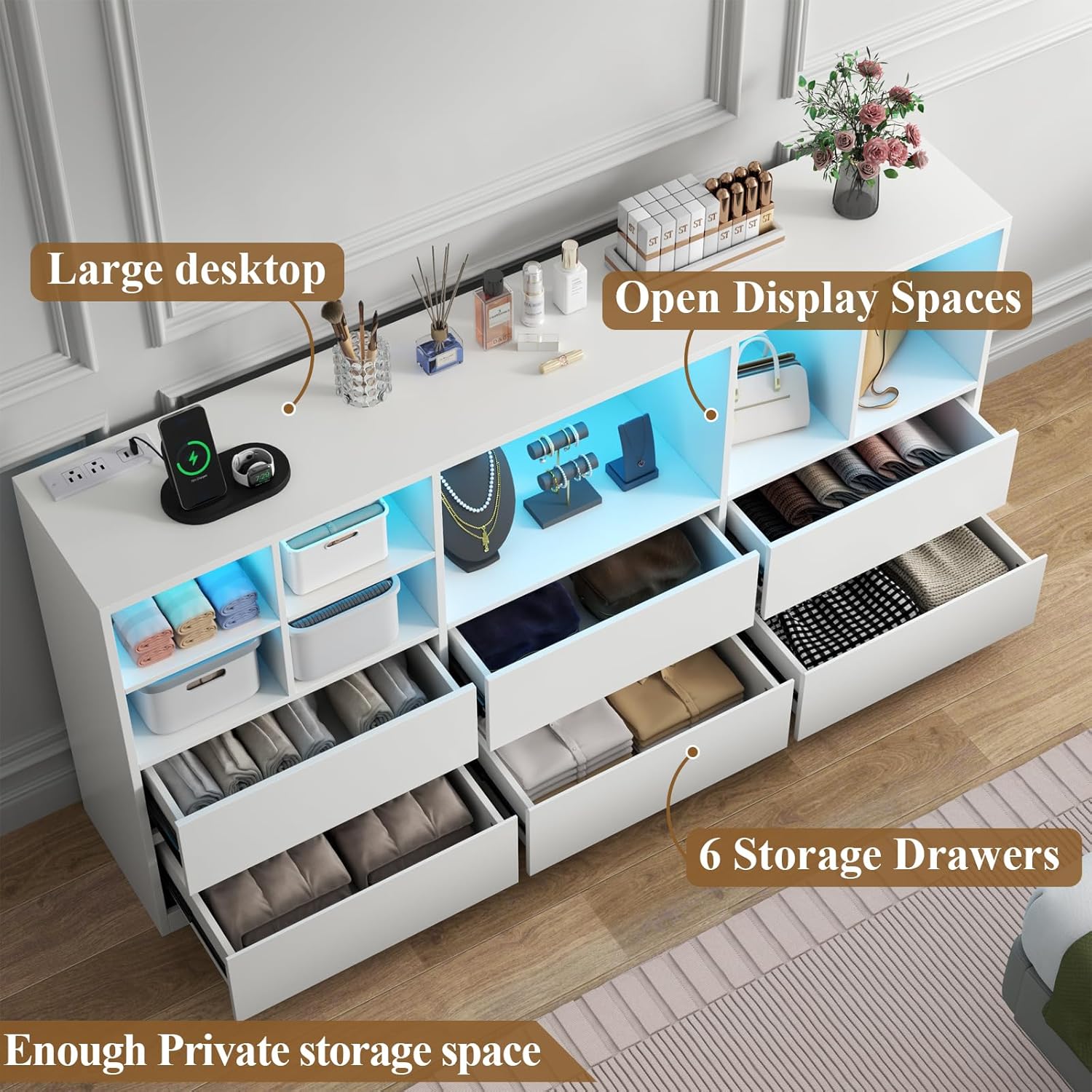 White Dresser for Bedroom with 6 Drawers, Chest of Drawers with Led Lights&Charging Station, 63" Long Dresser with 7 Open Cubbies, Storage Drawers for Living Room, Closet, Hallway (White)