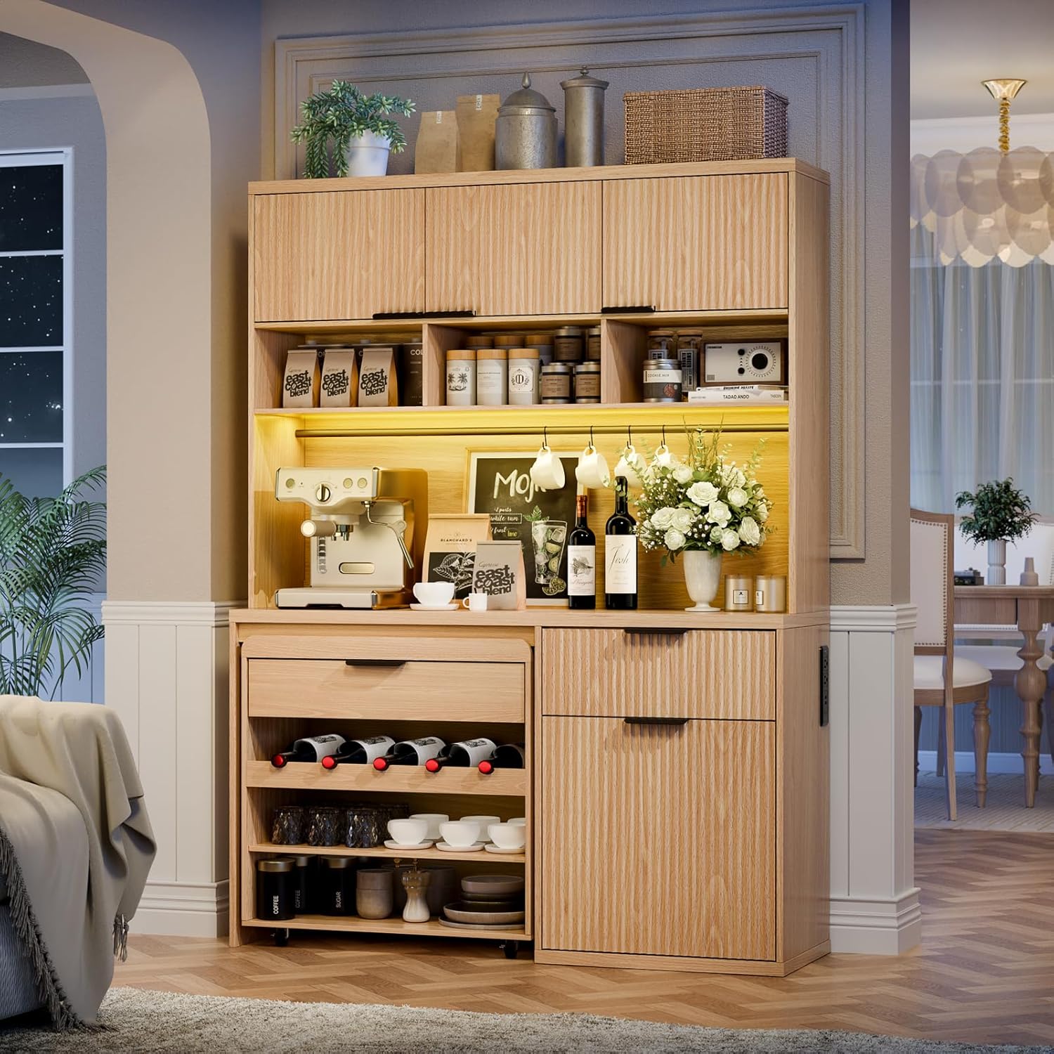 71" Tall Pantry Cabinet with Wine Cabinet Cart, Kitchen Storage Cabinets with LED Light & Charging Station, Kitchen Hutch with Microwave Stand, Freestanding Food Pantry with for Dining Room, Natural