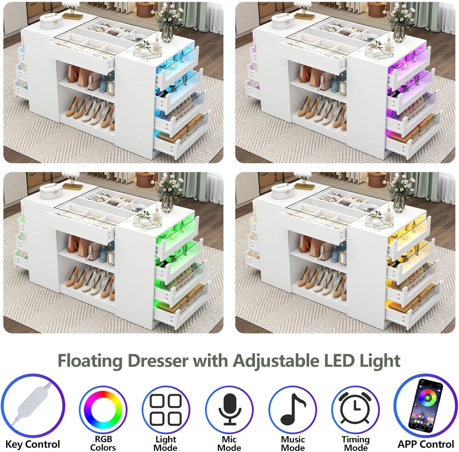 Closet Island with Drawers, Armoire Wardrobe Closet with LED Lights White Dresser Walk-in Closets with Glass Top for Bedroom & Cloakroom