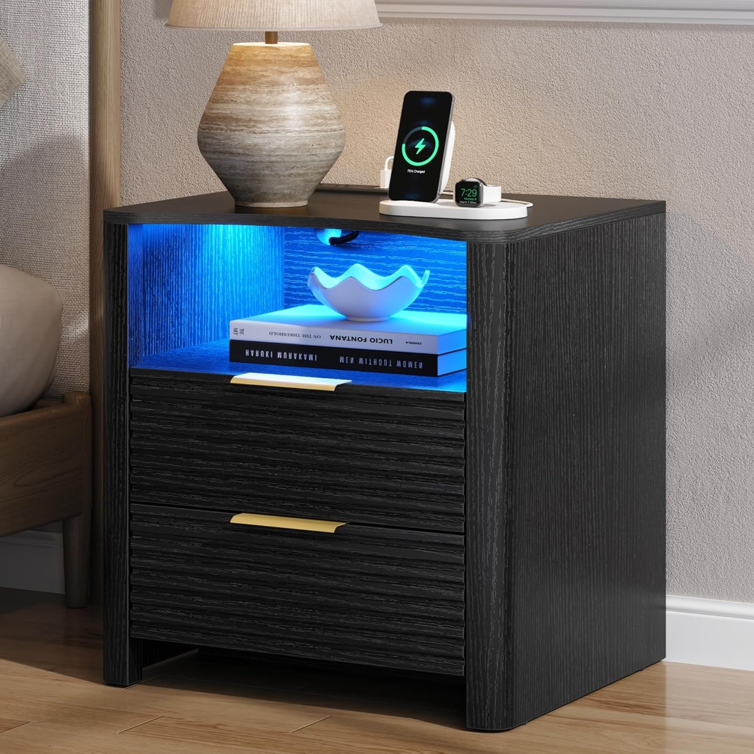 Fluted Nightstand with Charging Station & LED Lights, 2-Drawer White Bedside Table with Open Shelf
