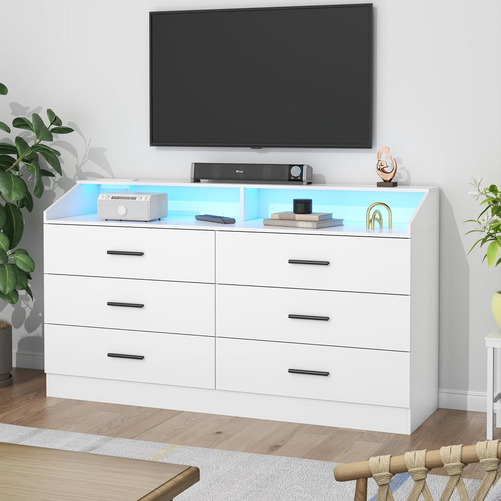 Led Casing Drawer 6 Drawer Dresser with Power Outlet, Chest of Drawers with LED Light ...