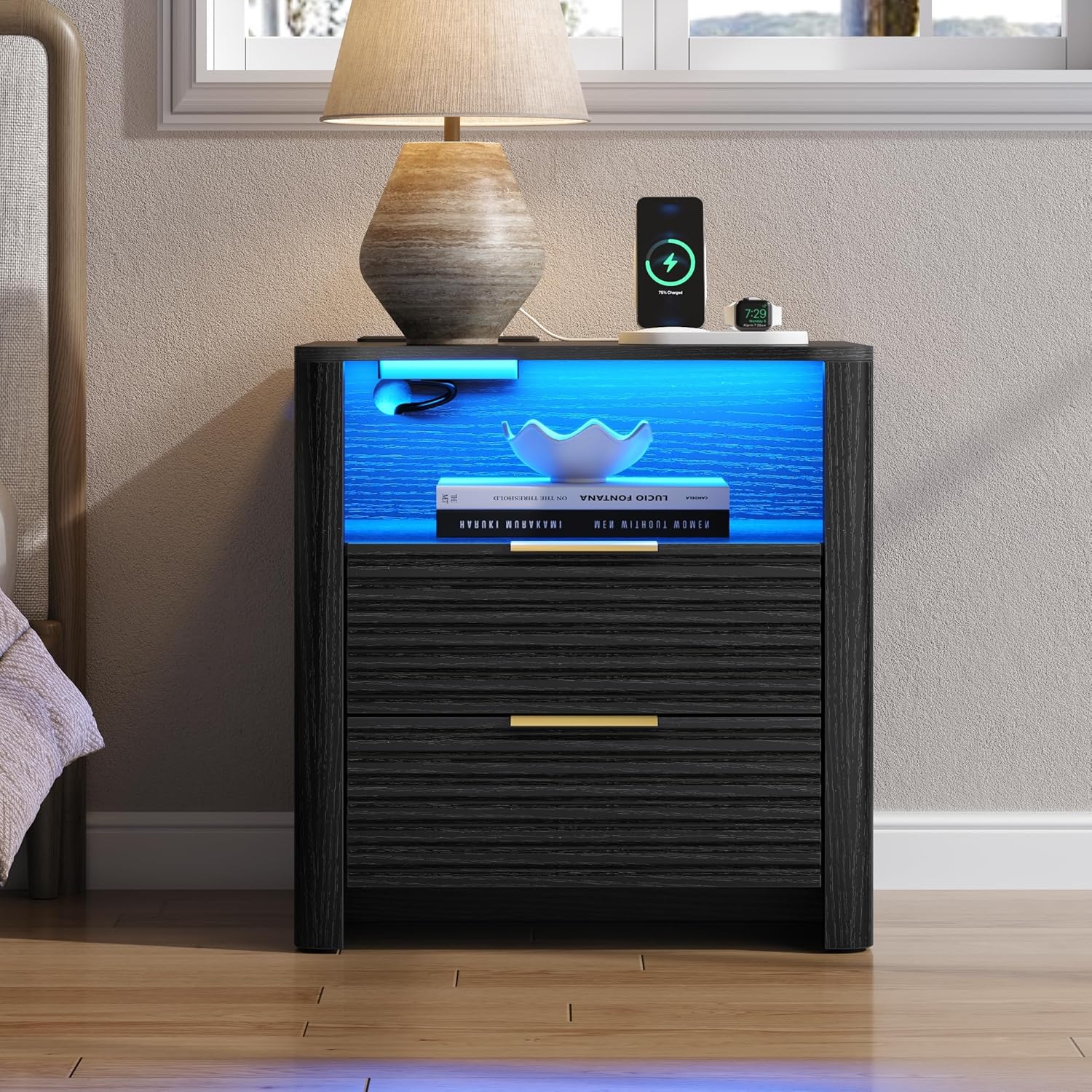 Fluted Nightstand with Charging Station & LED Lights, 2-Drawer White Bedside Table with Open Shelf