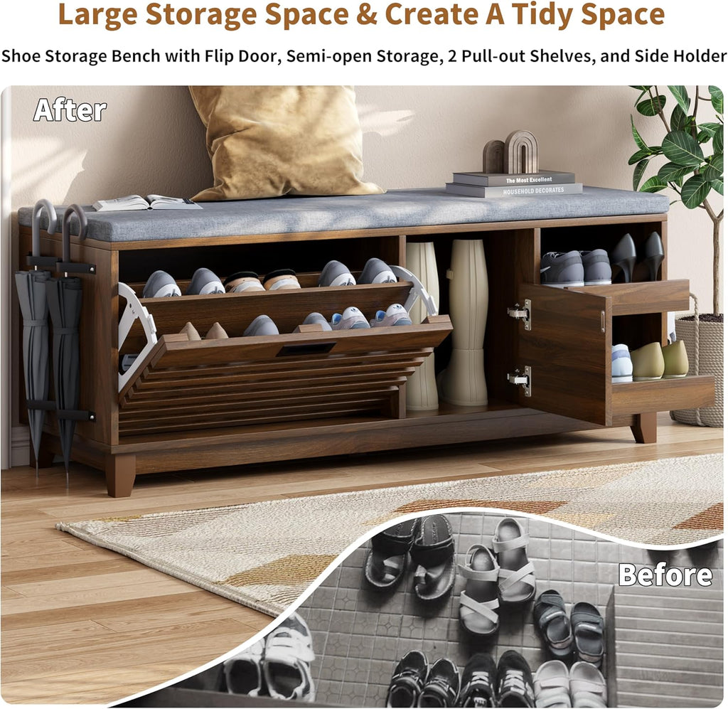 2-Tier Shoe Storage Bench,47" Entryway Bench with 2 Flip Drawers & Padded Seat Cushion, Walnut Shoe Bench with Adjustable Shelves & Sliding Doors,Storage Bench for Entryway,Hallway,Bedroom