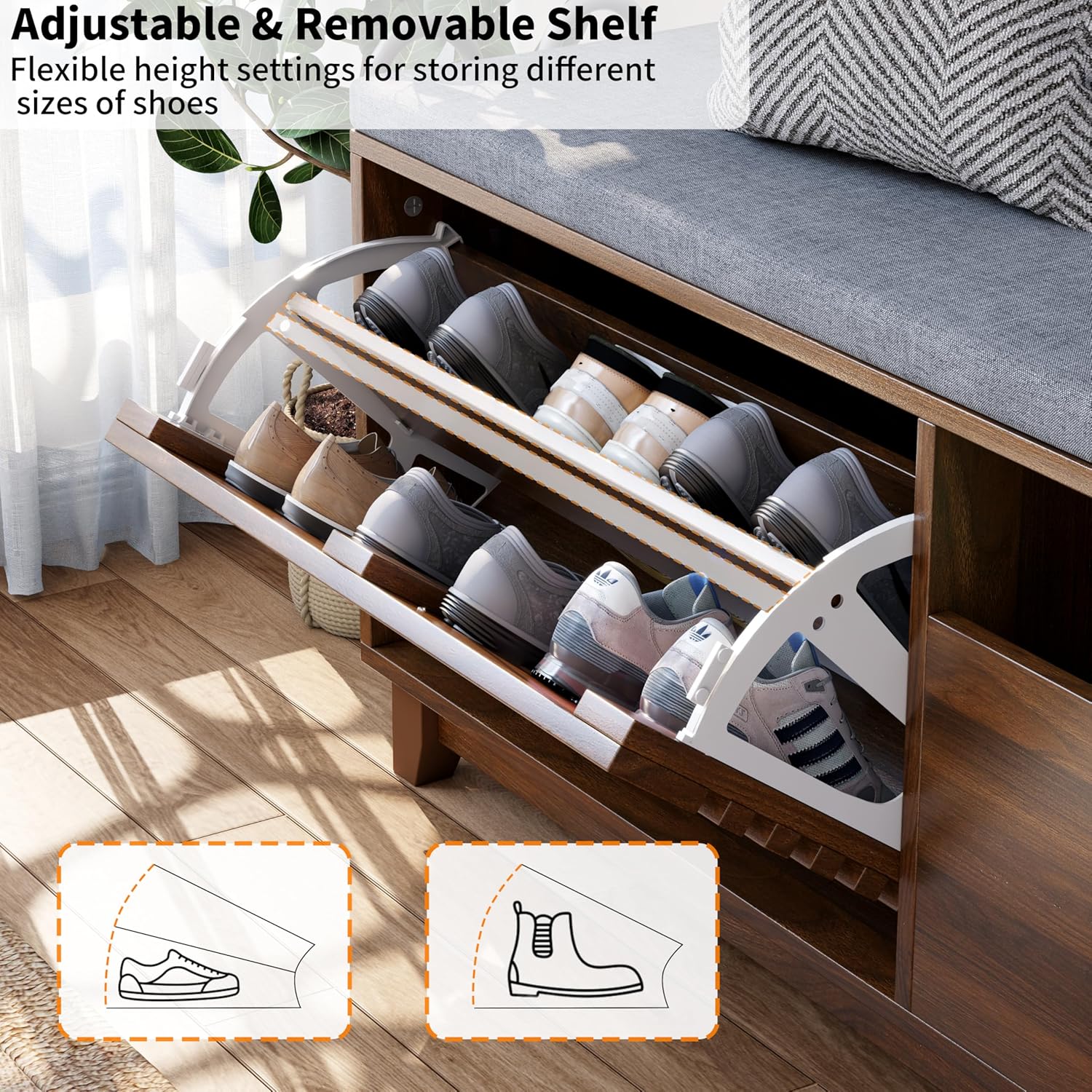 2-Tier Shoe Storage Bench,47" Entryway Bench with 2 Flip Drawers & Padded Seat Cushion, Walnut Shoe Bench with Adjustable Shelves & Sliding Doors,Storage Bench for Entryway,Hallway,Bedroom