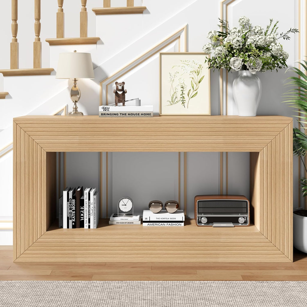 55" Console Table, 2-Tier Farmhouse Sofa Table with Storage Behind Couch, Narrow Rectangular Entryway Table for Living Room, Hallway, Entrance, Foyer, Natural