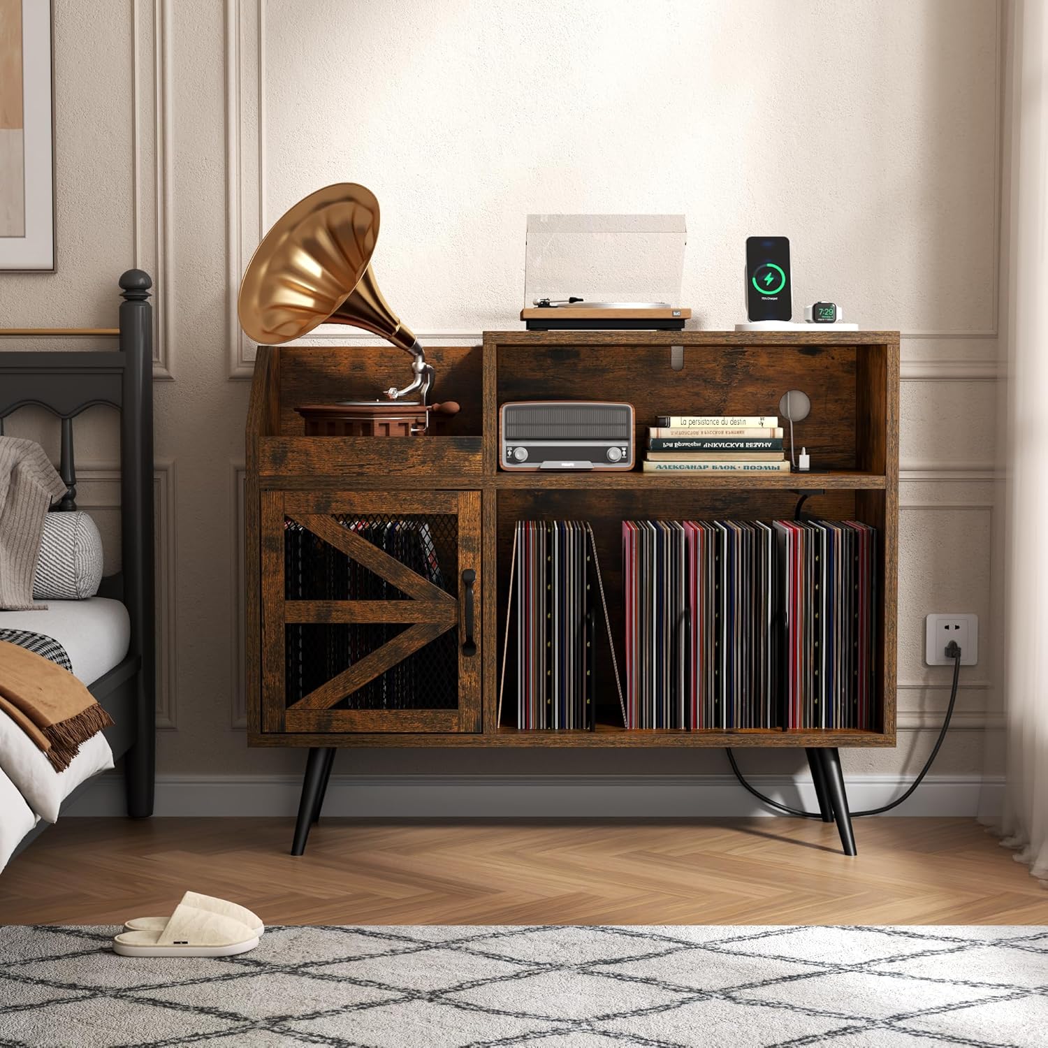 Record Player Stand Holds Up to 350 Albums, Turntable Stand with LED Light, Records Storage Cabinet with Power Outlet, Record Player Table with Vinyl Storage(Brown)