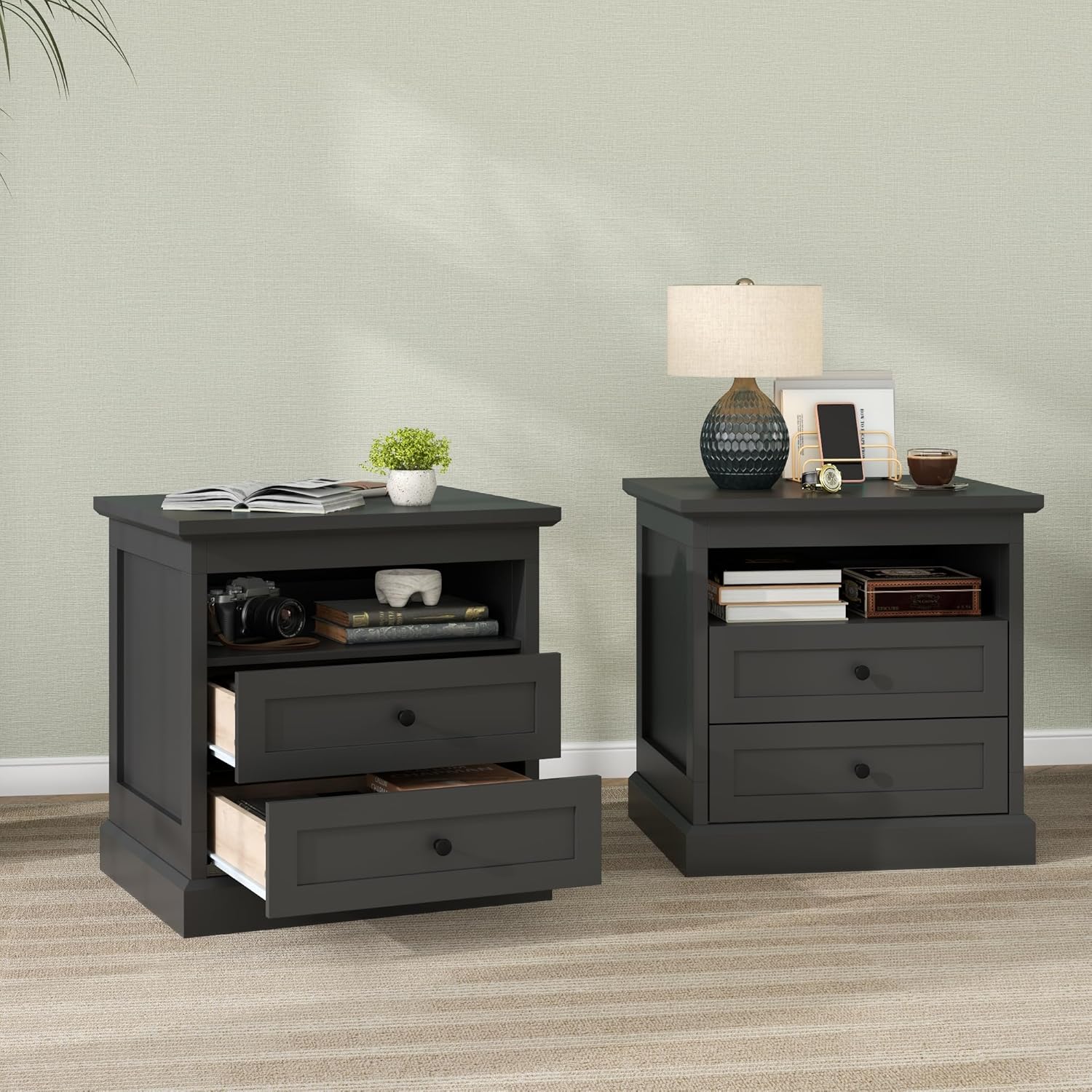 Nightstand with Hidden Storage Space, Night Stand, End Table with Side Drawer, Bedside Table with Open Shelf, 2 Drawers Dresser for Bedroom, Living Room, Closet (Black)