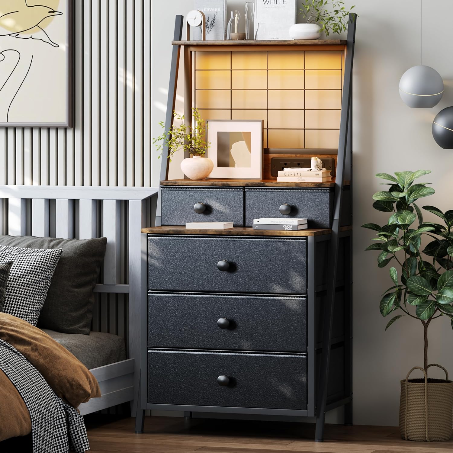 Tall Night Stand with 5 Drawers, White Nightstand with Charging Station LED Night Stand with 3-Tier Storage Shelf for Bedroom Living Room & Dorm (1, Black)