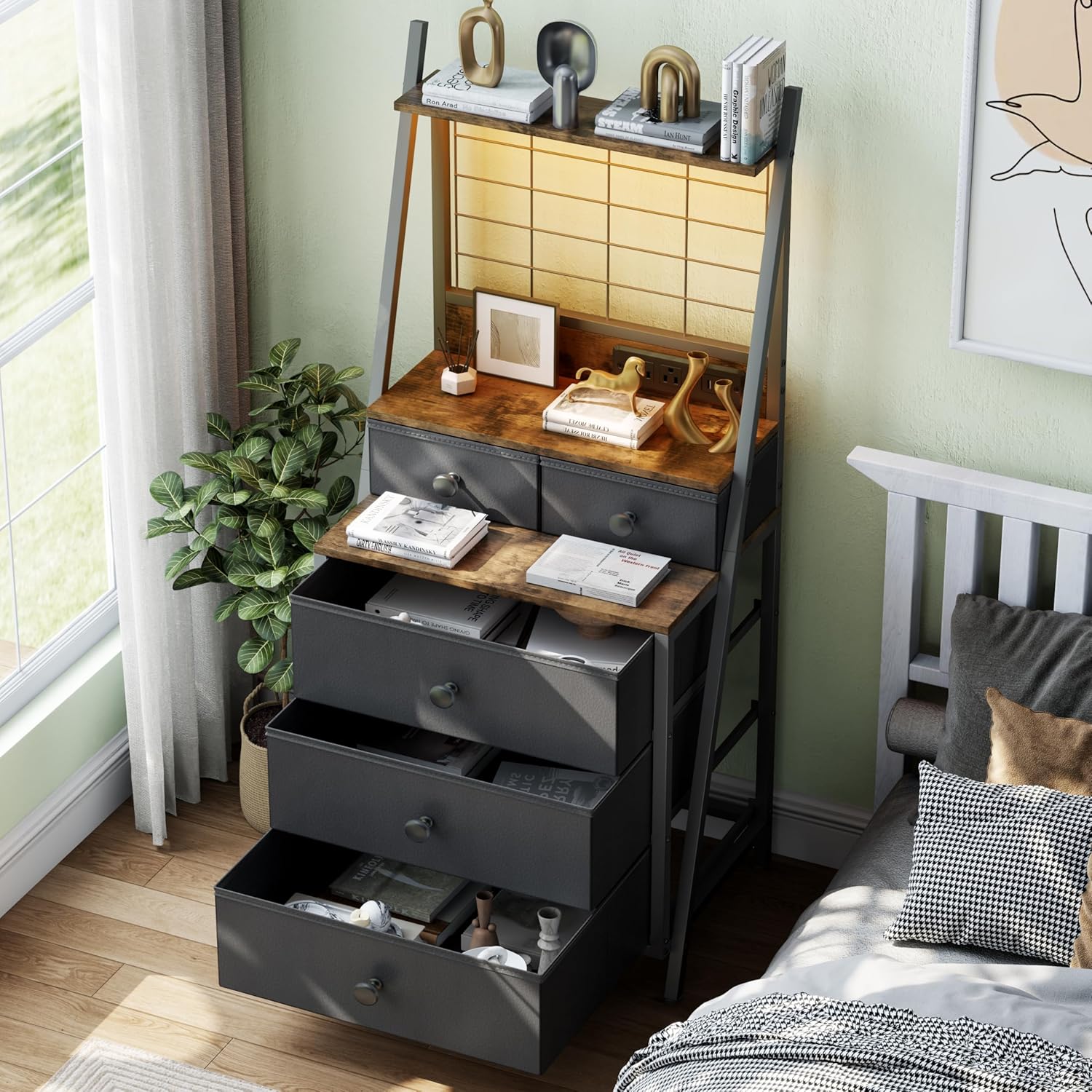 Tall Night Stand with 5 Drawers, White Nightstand with Charging Station LED Night Stand with 3-Tier Storage Shelf for Bedroom Living Room & Dorm (1, Black)