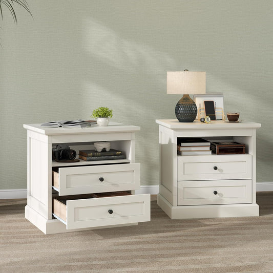 Nightstand with Side Drawer,Night Stand Set of 2,End Table with Hidden Storage Space,Bedside Table with Open Shelf,2 Drawers Dresser for Bedroom,Living Room, Closet(White)