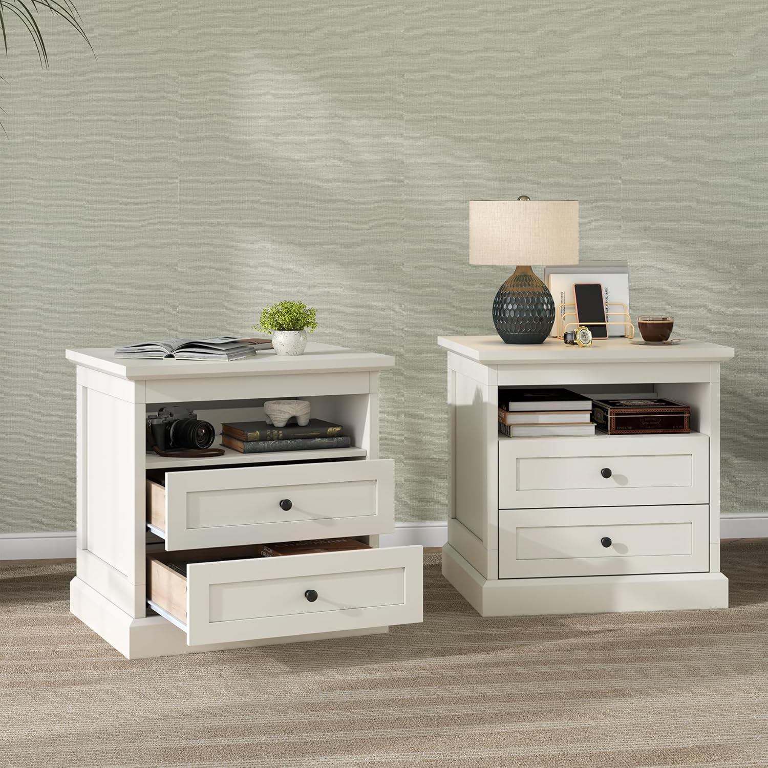 Nightstand with Side Drawer, Night Stand, End Table with Hidden Storage Space, Bedside Table with Open Shelf, 2 Drawers Dresser for Bedroom, Living Room, Closet (White)