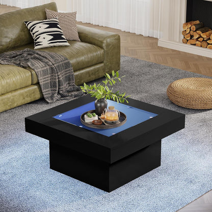 Square Coffee Table with LED Lights, 35.4" Coffee Tables for Living Room, Tempered Glass-top Coffee Table, Black Modern Center Table, Engineered Wood Low Coffee Tables for Home Office