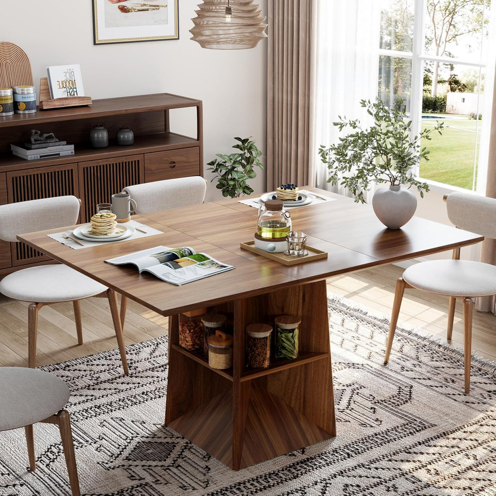 40"-54" Extendable Dining Table for 4/6/8, Modern Kitchen Table with Storage Shelf & Foot Support, Farmhouse Wood Dining Table for Living Room, Kitchen, Home, Office, Walnut