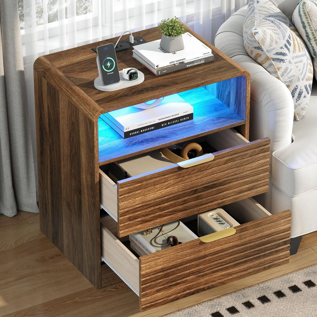 Fluted Nightstand with Charging Station & LED Lights, 2-Drawer White Bedside Table with Open Shelf